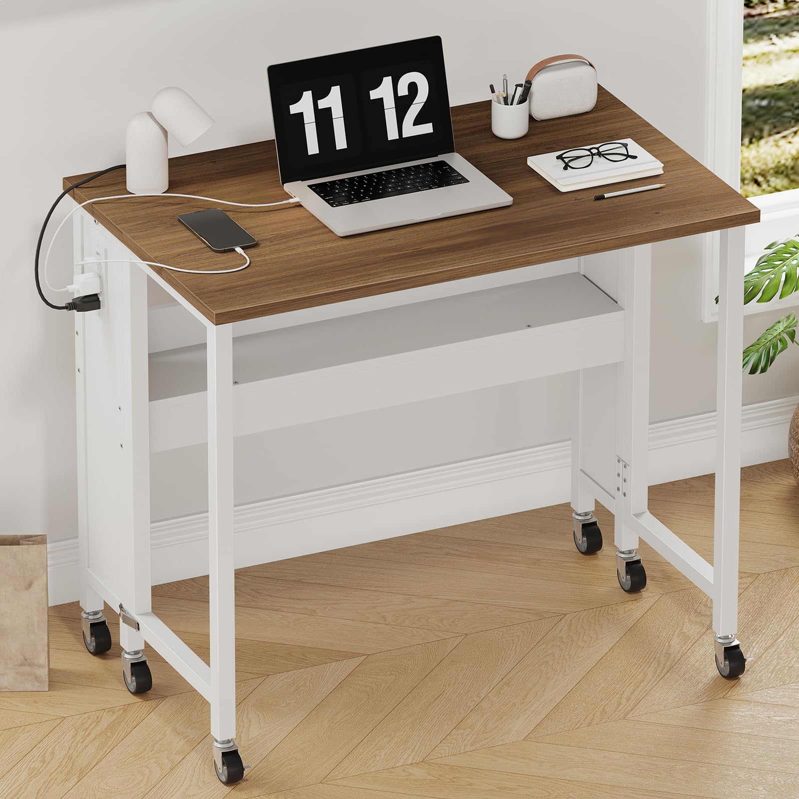 CHOEZON Folding Desk with Power Outlets, 31.5" Rolling Computer Table with Wheels, Portable Office Desk with Storage Shelf for Small Spaces Black TDN01UBB