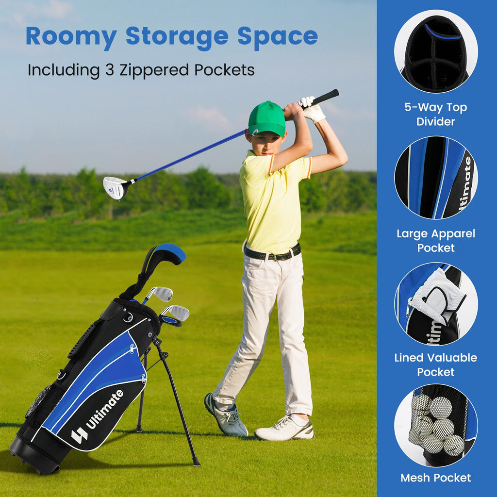 Tangkula Junior Golf Club Set for Children Right Hand, Includes #3 Fairway Wood & #7/#9 Irons, Putter, Head Cover & Rain Hood, Golf Stand Bag, Perfect for Children, Kids