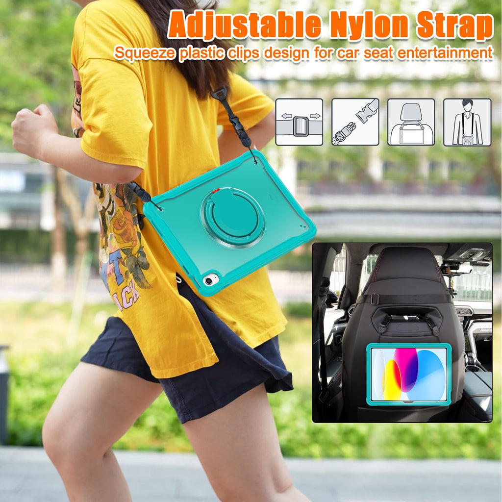 BATYUE for iPad 9th/ 8th/ 7th Generation Case (iPad 10.2 inch Rugged Case 2021/2020/2019) with Screen Protector, Rotating Stand/Pencil Holder/Carrying Shoulder Strap (Colourful Pink)