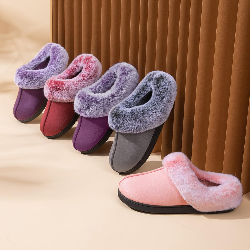 HomeTop Women's Classic Microsuede Memory Foam Slippers Durable Rubber Sole with Warm Faux Fur Collar