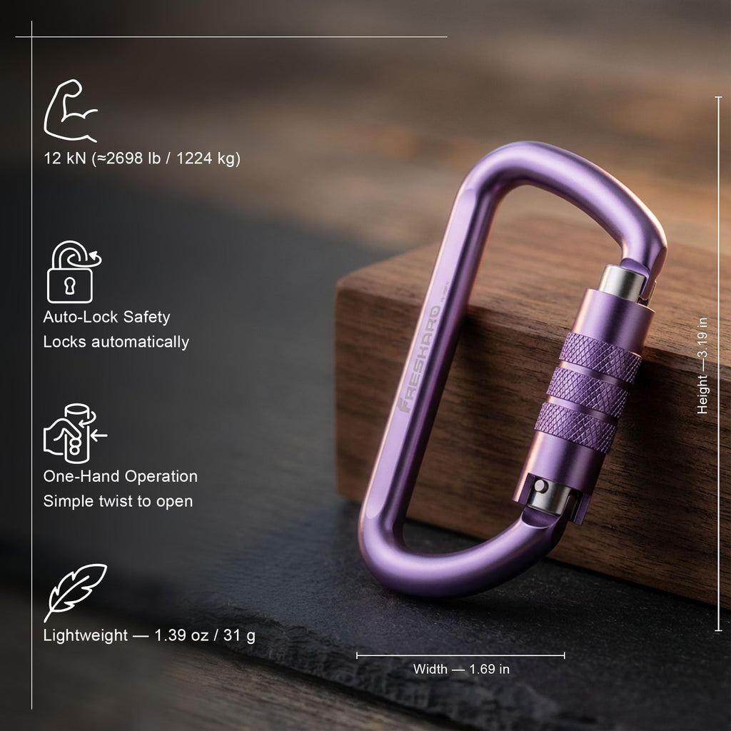 FresKaro 3inch 12kN-2698lbs Auto Locking Carabiner Clips, Solid D Shape, Heavy Duty 7075 Aluminum, Lightweight 1.09oz, Rust Proof, for Hammock, Hiking, Dog Leash, Keychain etc., Multi-Colors