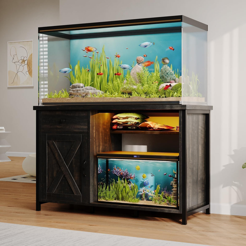 4ever2buy 55-75 Gallon Fish Tank Stand with Power Outlets, LED Light, Heavy Duty Aquarium Stand with Cabinet for Fish Tank Accessories Storage, for Turtle Tank, Reptile Terrarium, 1100LBS, Black