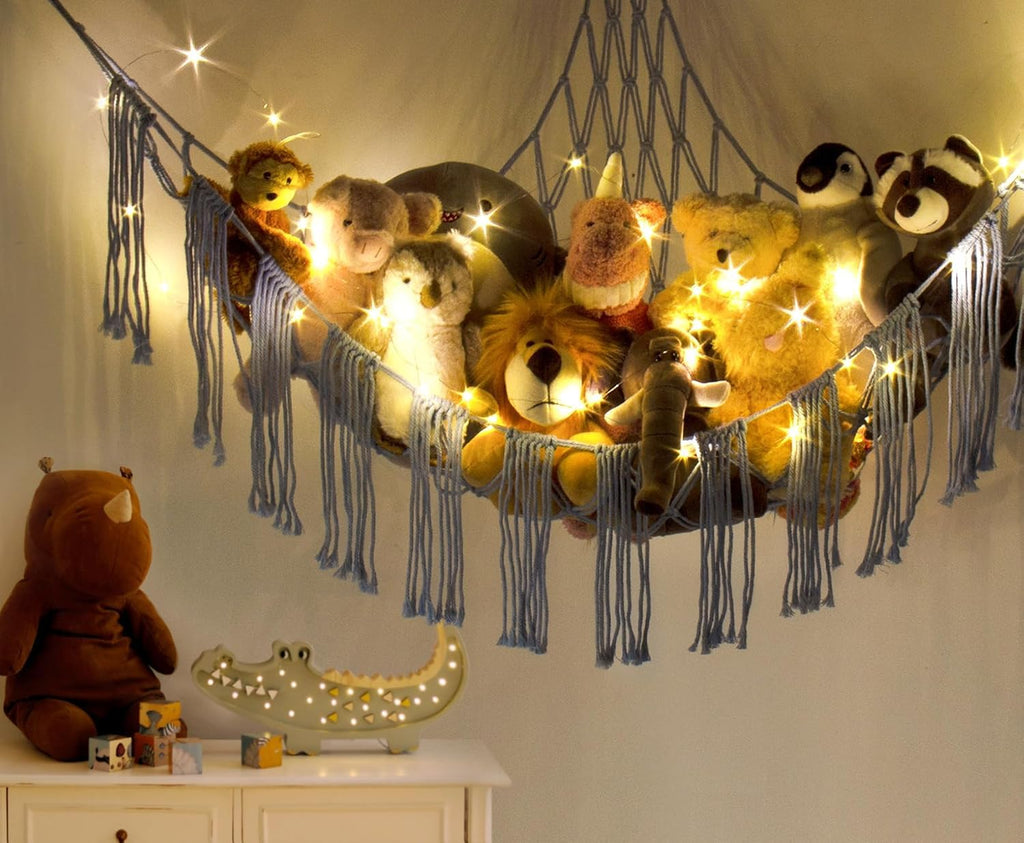 Stuffed Animal Hammock Corner with LED Light - Toy Storage Hammock Plushie Net Large - Cute Stuff Animals Holder Hanging Organizer - Baby Room Decor Kids Toddler Nursery Bedroom Boho