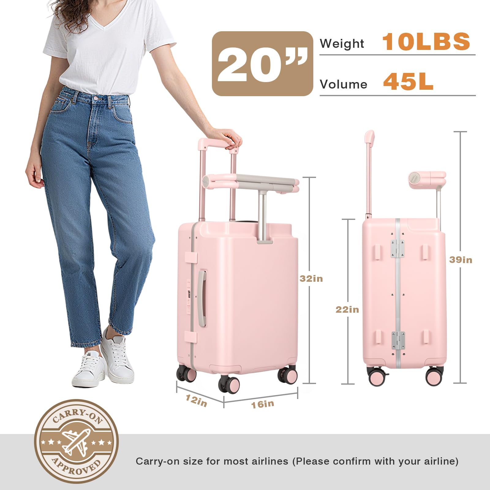 smilesun 20" Carry On Luggage with Seat For Kids & Adults，Hardside Ride On Suitcase Front Opening with 360°Spinner and TSA Lock For Travel (Black with Front Open, 20")