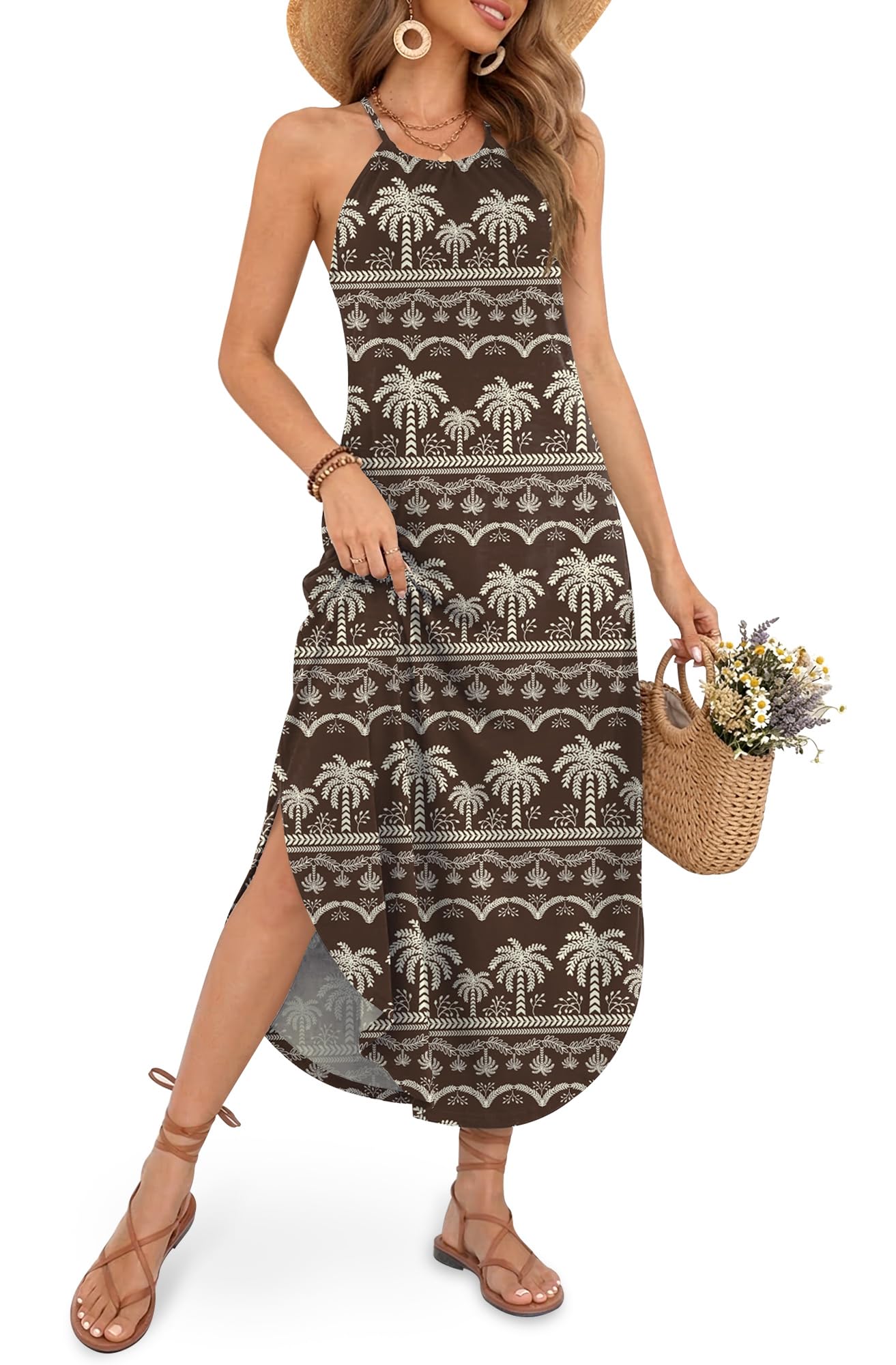 For G and PL Women's Summer Casual Halter Side Slit Maxi Beach Dress Resort Vacation Cruise Wear Sundress