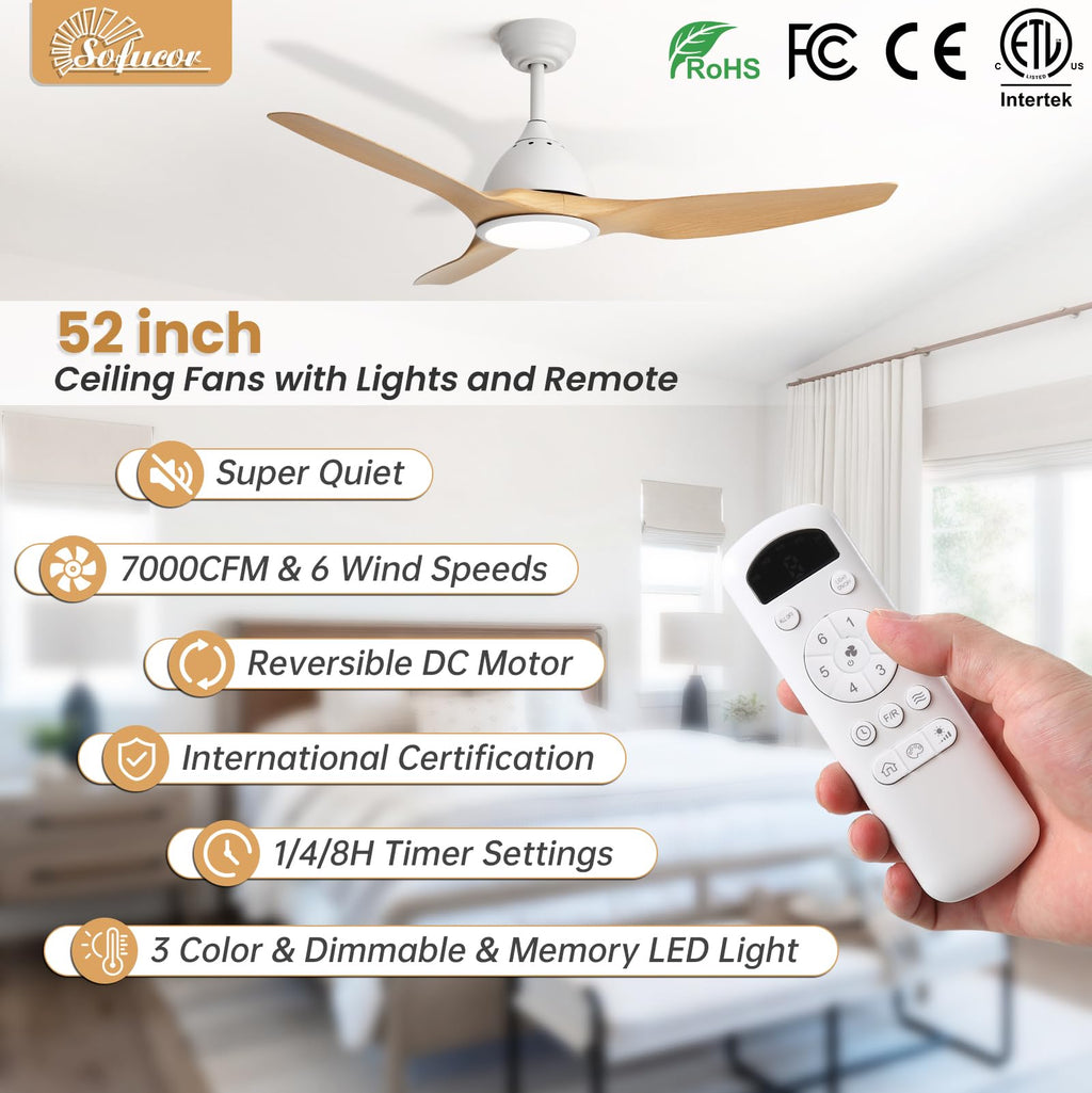 Sofucor 52 Inch Outdoor Ceiling Fans with Lights, Modern Ceiling Fan with 3 Plastic Blade, Quiet, Dimmable, High 7000CFM 6-Speed 3-Timer Reversible DC Motor, for Bedroom Living Room, ETL, Black