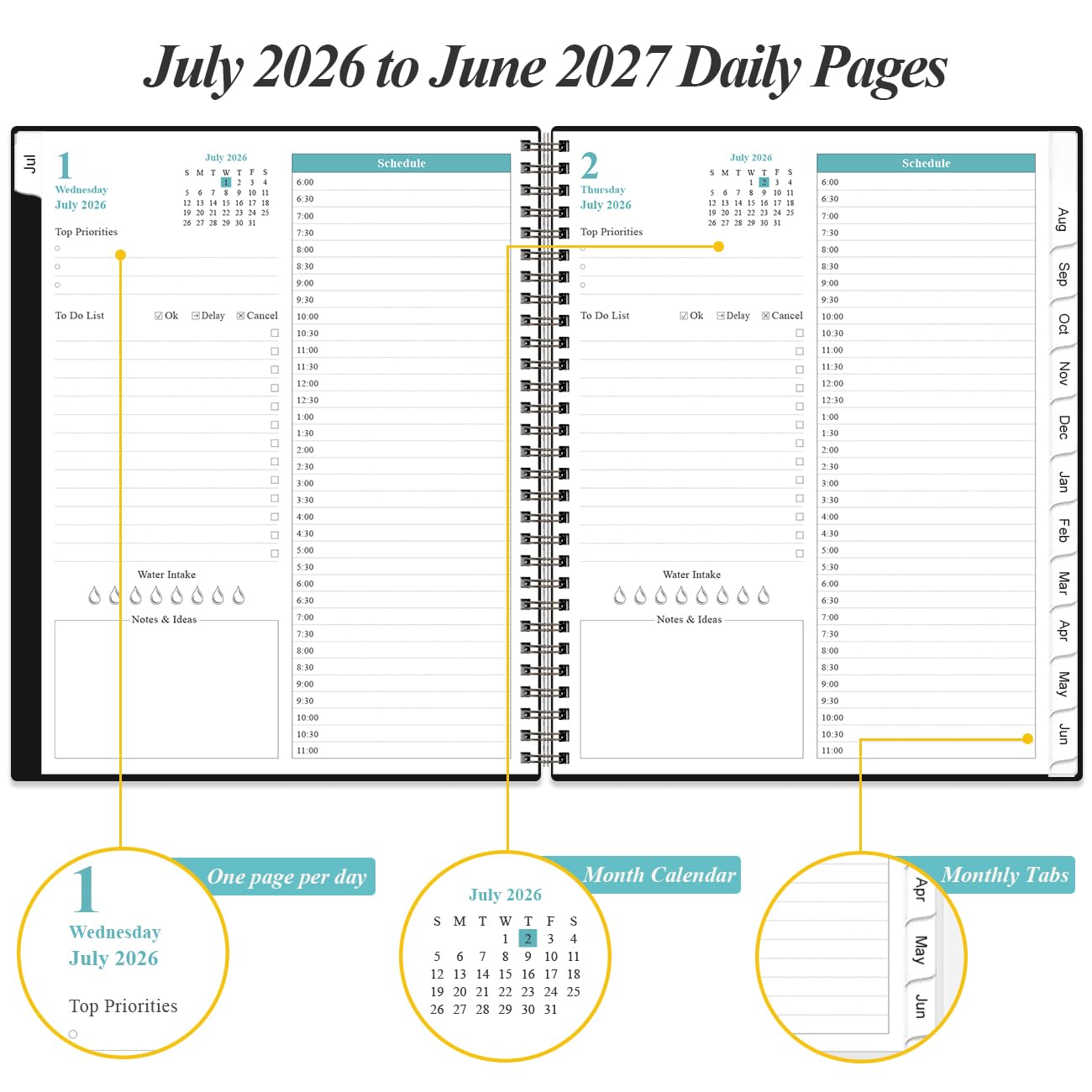 2026-2027 Daily & Monthly Planner - One Page Per Day, Daily Planner from July 2026 to June 2027, Planner 2026-2027 with 12 Monthly Tabs, 6.4" x 8.5", Black