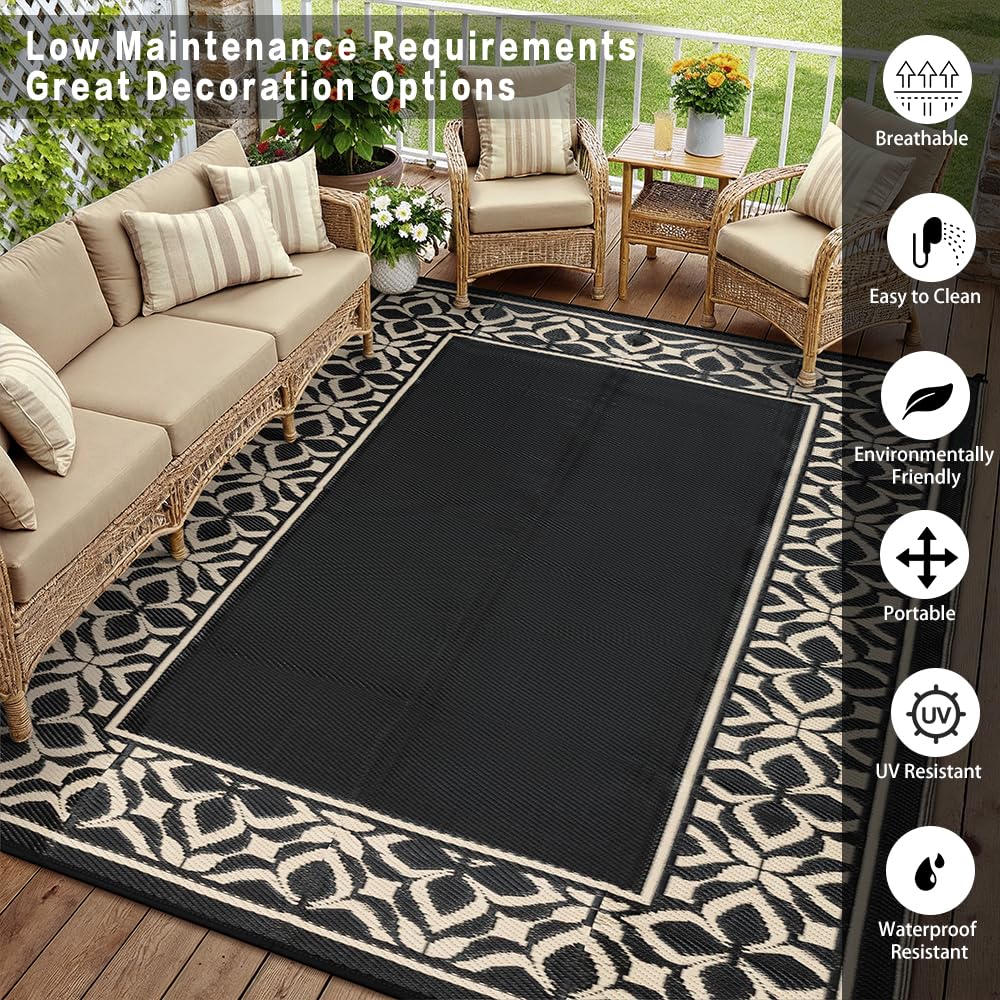 PureCozy Outdoor Plastic Straw Rug Black Beige Large Outside Waterproof Outdoor Patio 5x8 Carpet Geometric Reversible Mat Modern for Camping RV Porch Deck Balcony Beach