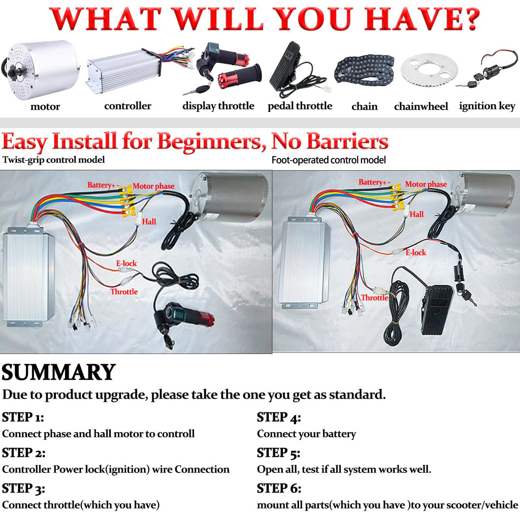 36V Motor Kit 1000W Electric Brushless DC Motor Kit 5.7N.M Go Kart Electric Motor 3100RPM Electric Dirt Bike Motor No Bracket BLDC Motor for Electric Scooter Ebike Controller Ebike Throttle with Key
