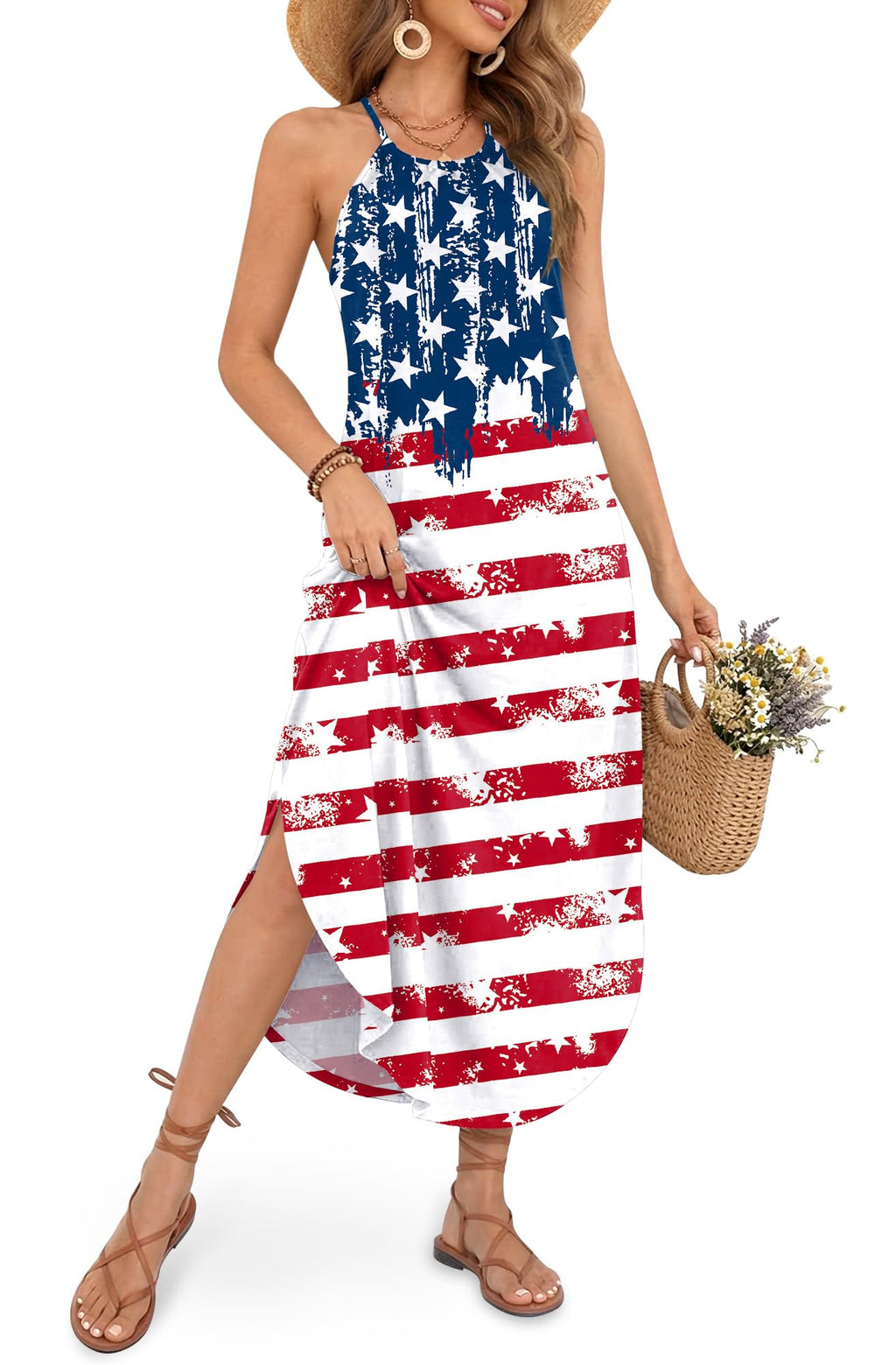 For G and PL Women's Summer Casual Halter Side Slit Maxi Beach Dress Resort Vacation Cruise Wear Sundress
