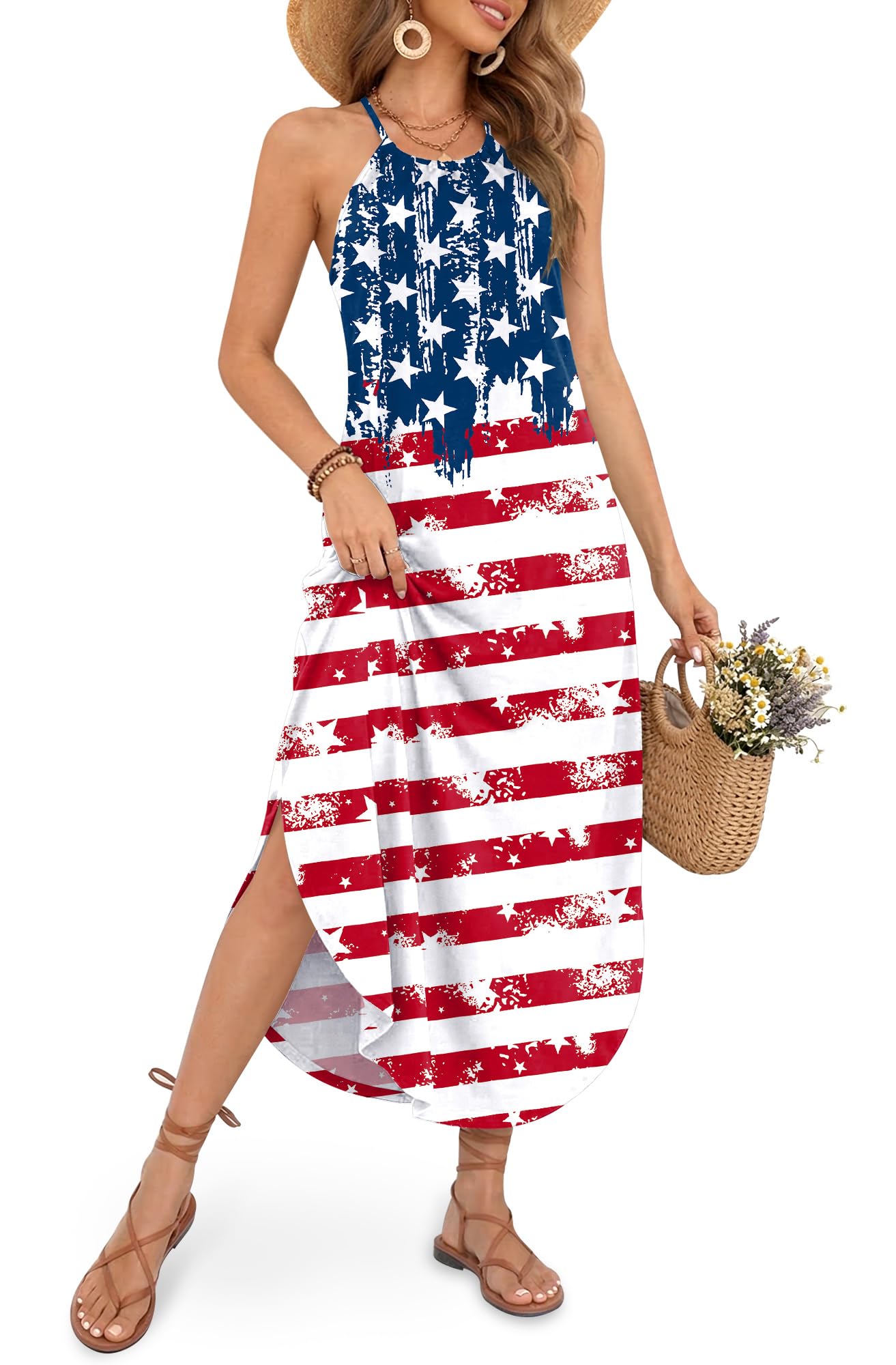 For G and PL Women's Summer Casual Halter Side Slit Maxi Beach Dress Resort Vacation Cruise Wear Sundress