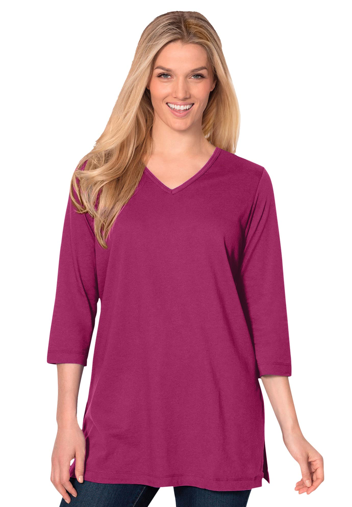 Woman Within Plus Size Perfect Three-Quarter Sleeve V-Neck Tunic