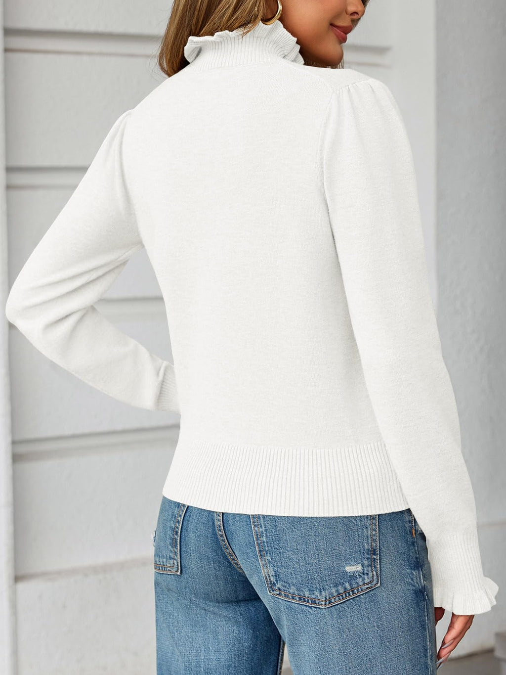 Saodimallsu Womens Ruffle Mock Neck Sweater Puff Long Sleeve Fall Soft Knit Casual Pullover Sweaters Top