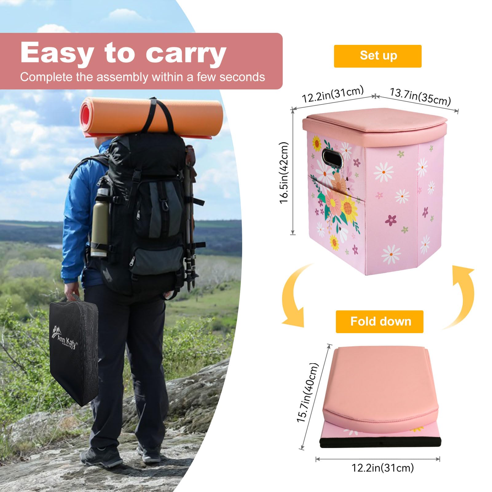 Ann Katy Upgrade XL Portable Toilet for Adults, Extra Large Portable Travel Floding Toilet, Camping Tall Toilets with Lid for Adults and Kids Compact Potty for Car,Hiking,Beach and Camping