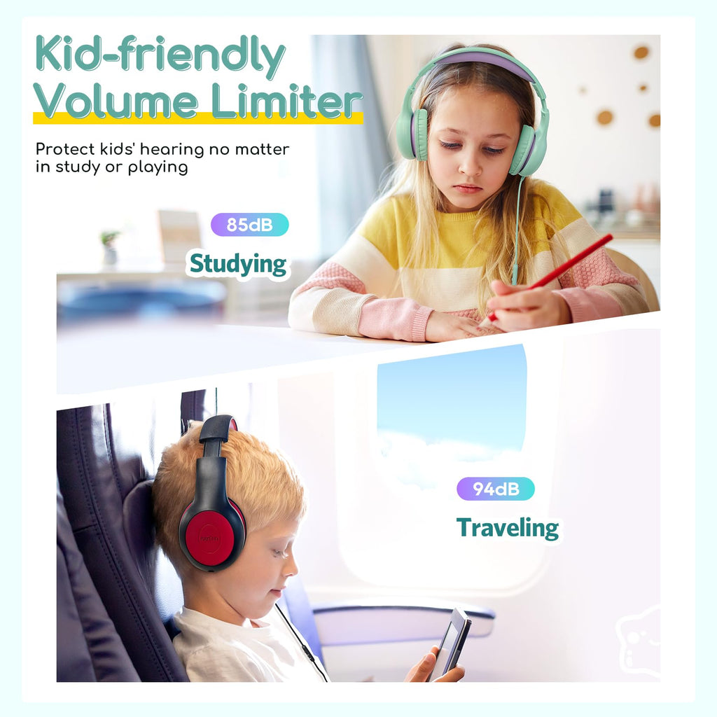 EarFun K1 Kids Headphones Wired with Microphone, 85/94dB Volume Limit Headphones for Kids, Portable Wired Headphone with Shareport, Stereo Sound Foldable Headset for School/Tablet/iPad, Black Red