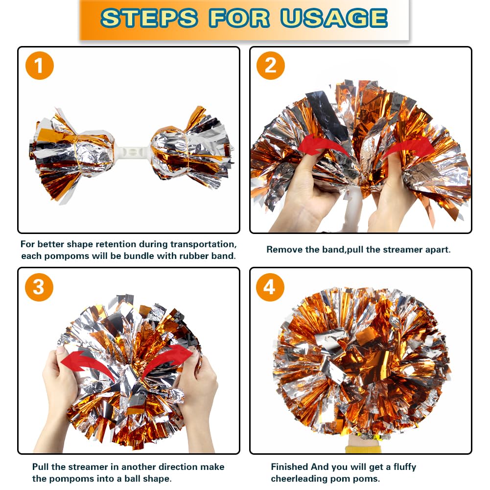 Lovecheer 2PCS/6PCS Metallic Pom Poms Cheerleading with Baton Handle Cheer Pompoms for Kids Adults Team Sports Spirit Party Cheering