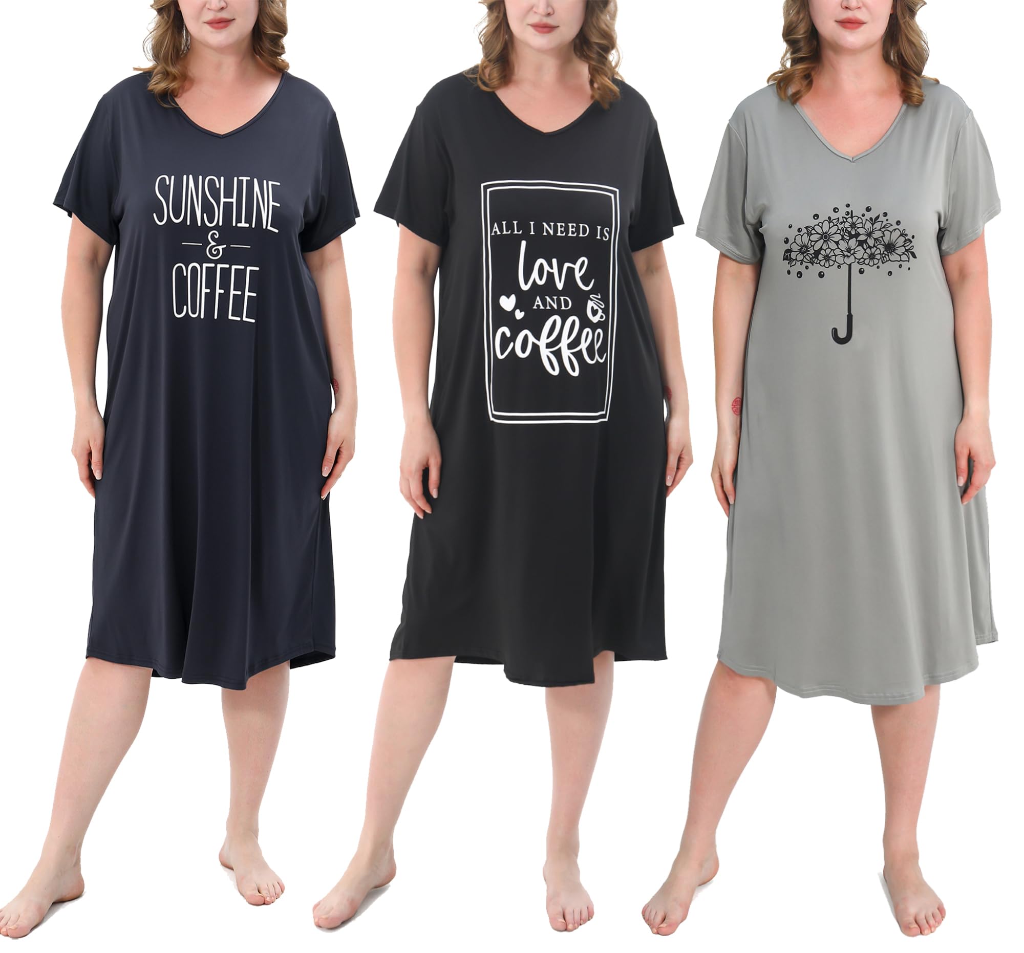 3 Pack Plus Size Women's Nightgown Soft Print Nightshirts for Women Short Sleeve Sleepwear