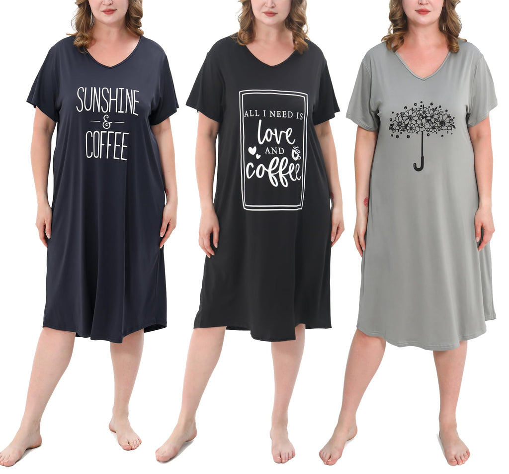 3 Pack Plus Size Women's Nightgown Soft Print Nightshirts for Women Short Sleeve Sleepwear