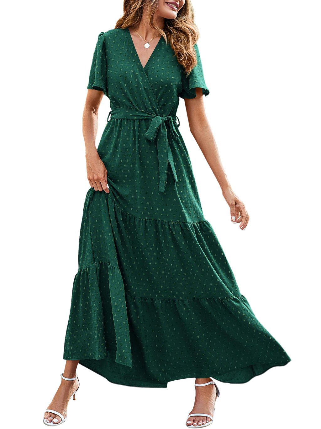 MASCOMODA Womens Summer Swiss Dot Maxi Dresses Wrap V Neck Flutter Short Sleeve Boho Casual Flowy Long Wedding Guest Dress