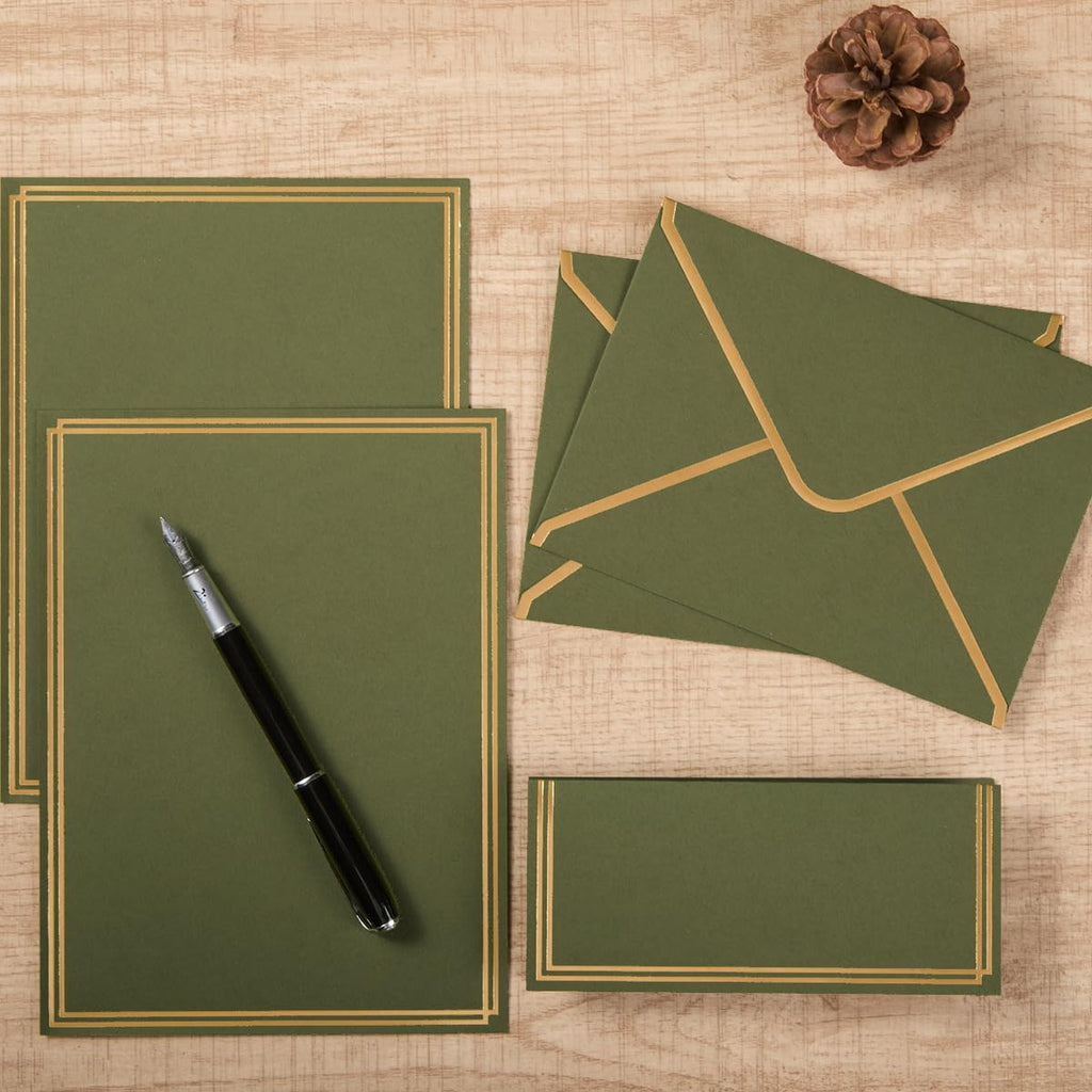 50 Pack Stationery Set with Envelopes, Cream Color, 8.5x11 Inches | Gold Border, #10 Business Envelopes and 8.5x11 Paper Sheets, Stickers for Letter Writing, Invitations