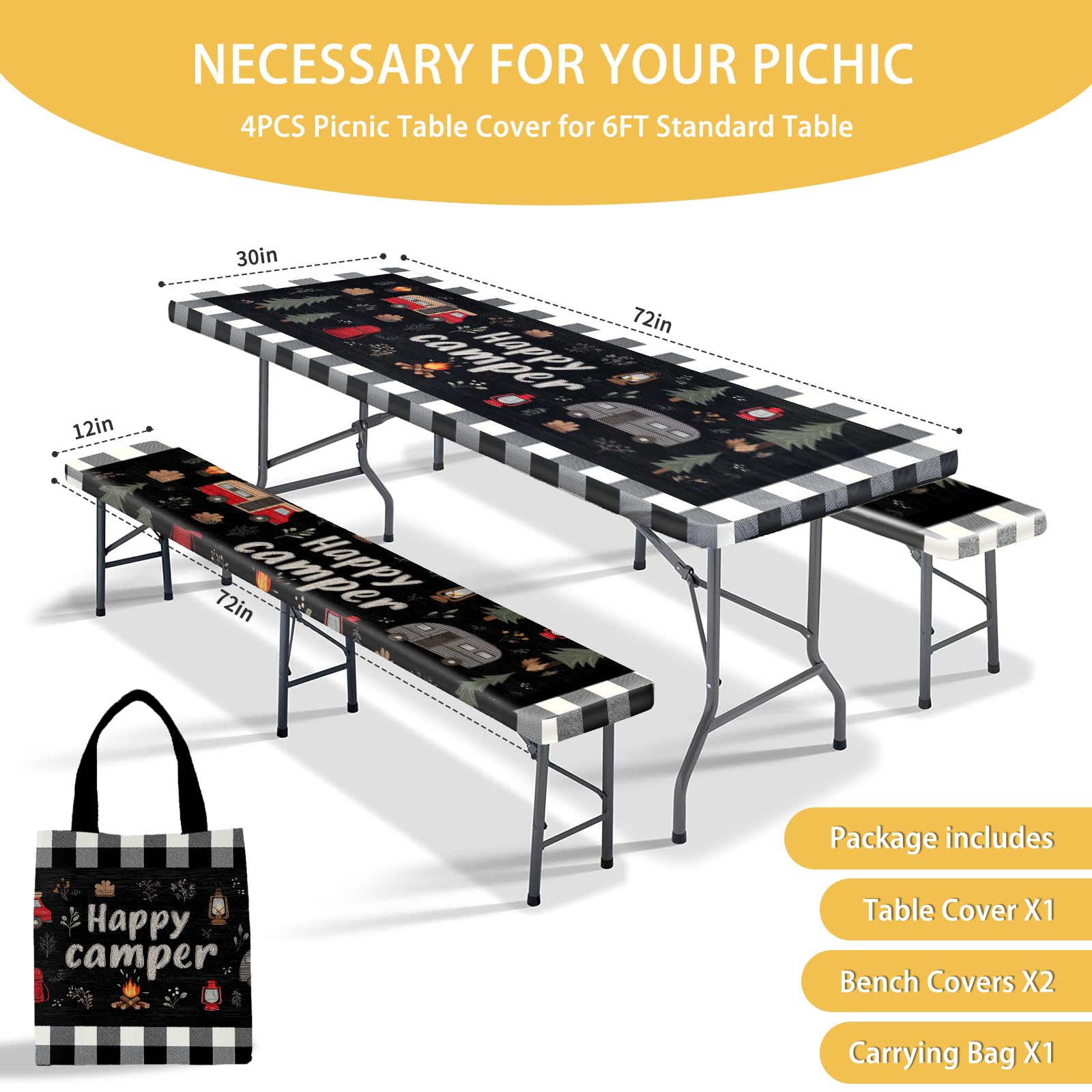 Park Picnic Table Cover with Bench Covers Lightweight Camping Essentials, Oil-Proof Waterproof 3PCS Tablecloth with Elastic, Fitted for Table 6FT Rectangle and Seats, American Flag Eagle (72x30in)