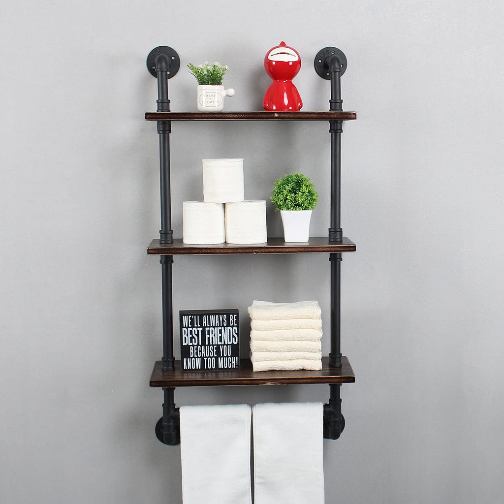 MBQQ Industrial Pipe Shelf Bathroom Shelves Wall Mounted,19.6in Rustic Wood Shelf with Towel Bar,1 Tier Farmhouse Towel Rack,Pipe Shelving Floating Shelves Towel Holder,Black & White