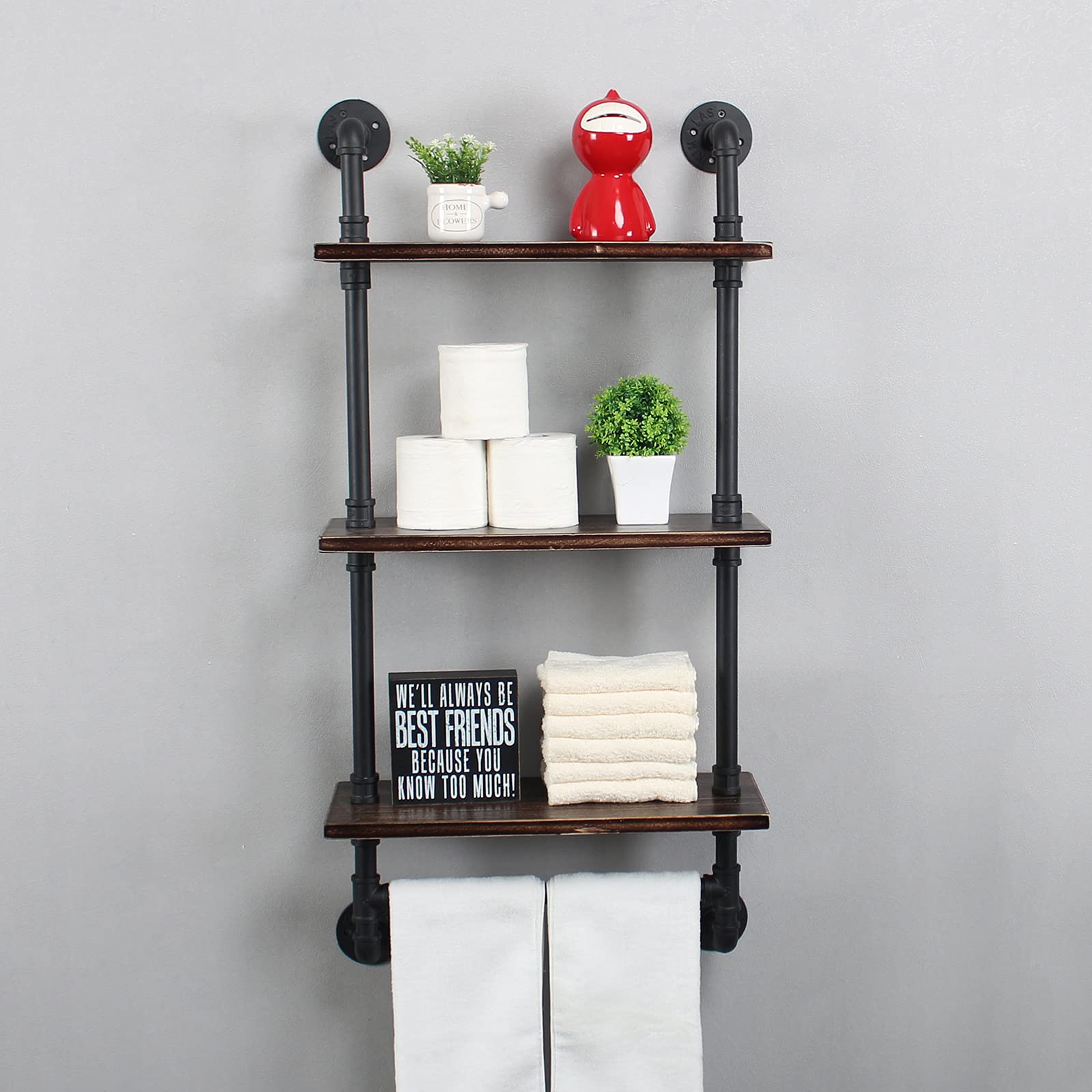 MBQQ Industrial Pipe Shelf Bathroom Shelves Wall Mounted,19.6in Rustic Wood Shelf with Towel Bar,1 Tier Farmhouse Towel Rack,Pipe Shelving Floating Shelves Towel Holder,Black & White