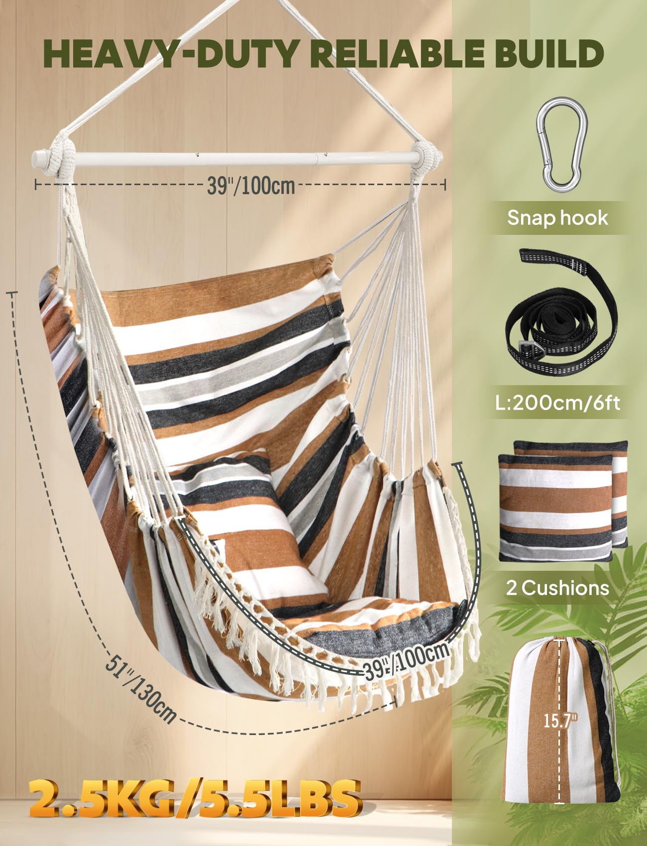 Chihee Hammock Chair Hanging Swing Max 500 Lbs 2 Cushions Included Metal Spreader Bar with Anti-Slip Grooves Portable Hanging Chair Side Pocket Large Macrame Bohemian Chair Indoor Outdoor | Hanging Swing with Anti-Slip Grooves Portable Hanging Chair Side