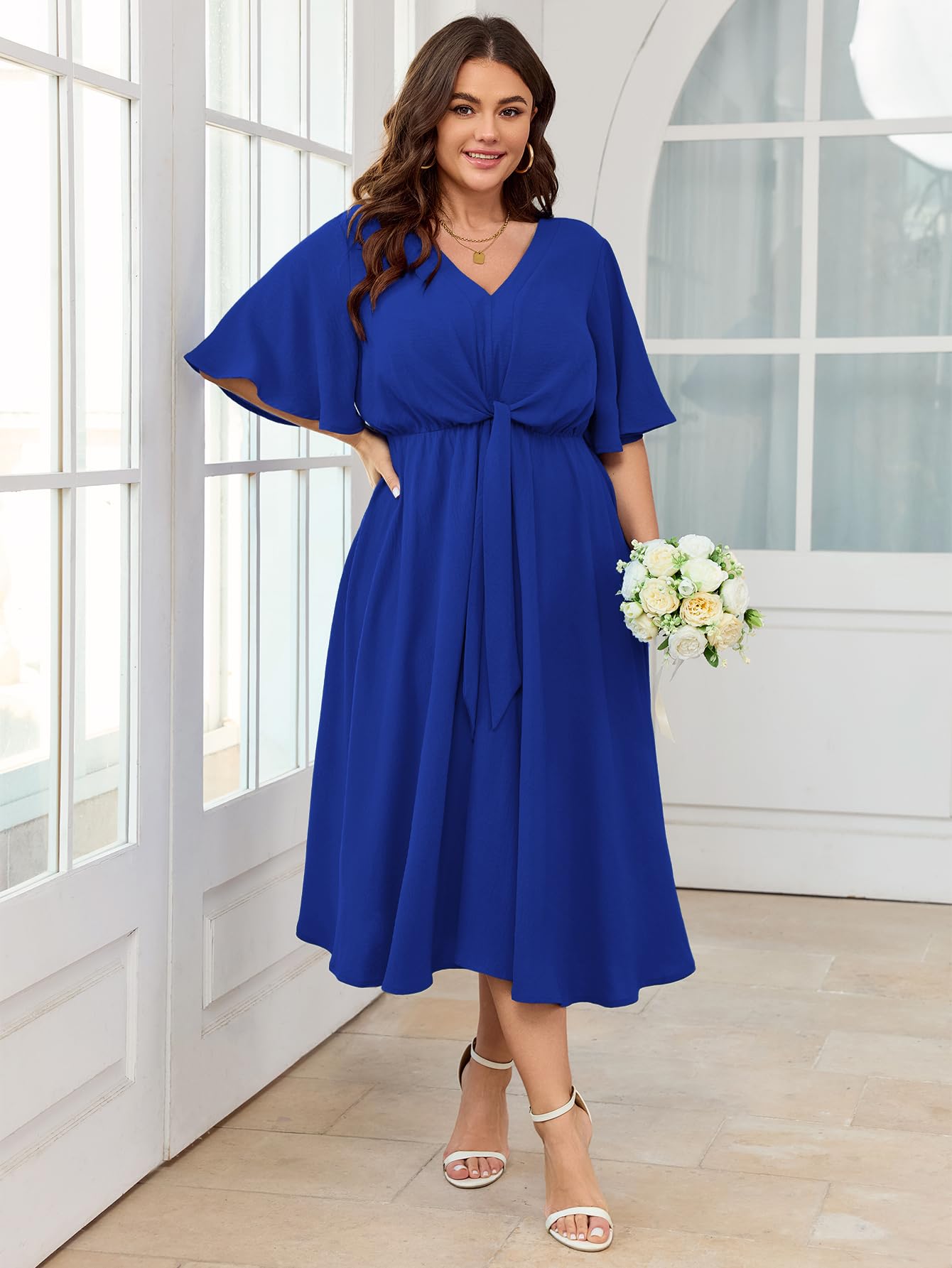 SCOMCHIC Women Plus Size Midi Dresses Wedding Guest Short Sleeve V Neck Tie Waist Casual Summer Flowy A Line Dress