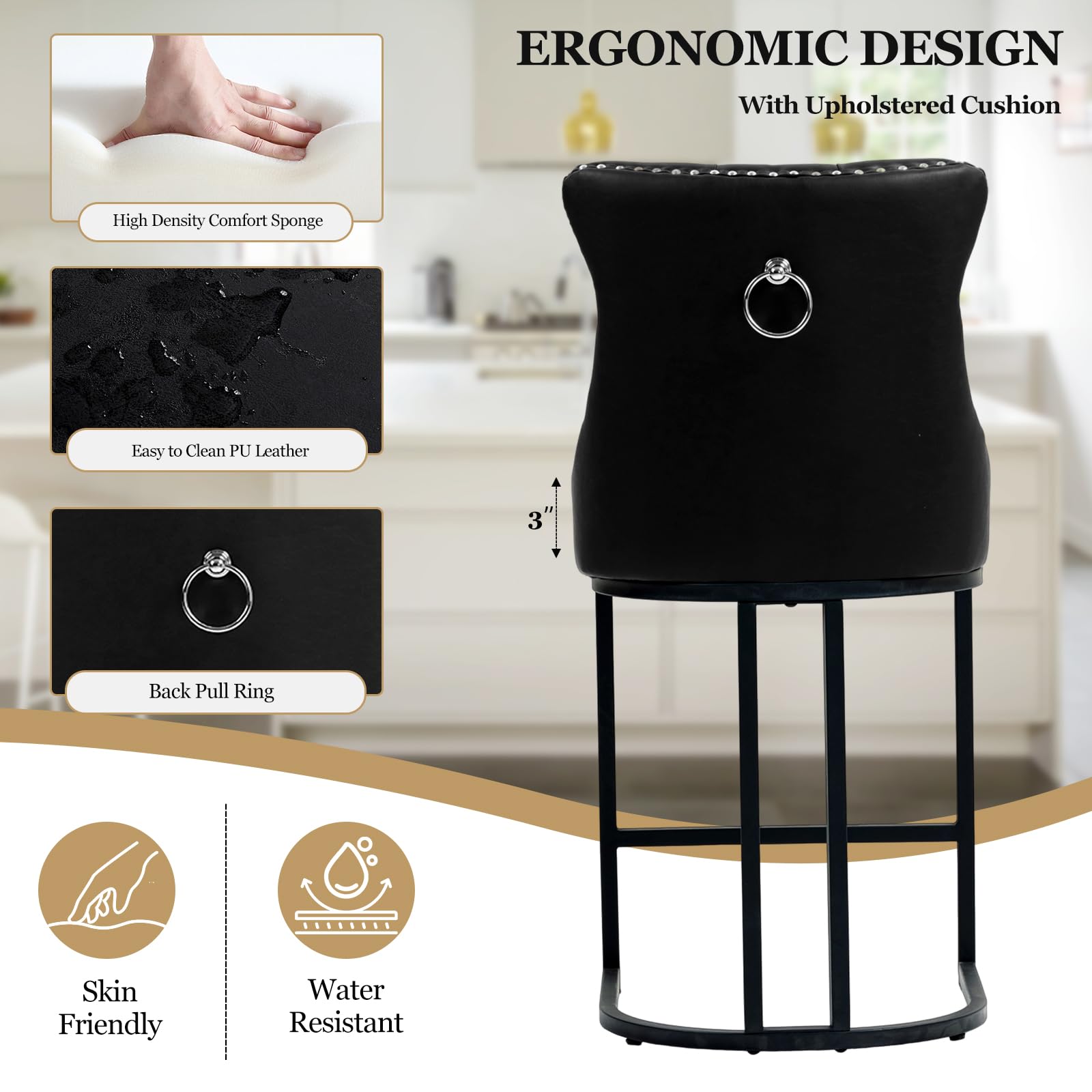 UVV Counter Height Bar Stools Set of 1, 26" Modern Barstools with Back, Velvet Upholstery Counter Chairs with Metal Legs for Kitchen Island, Bar, Counter, Beige