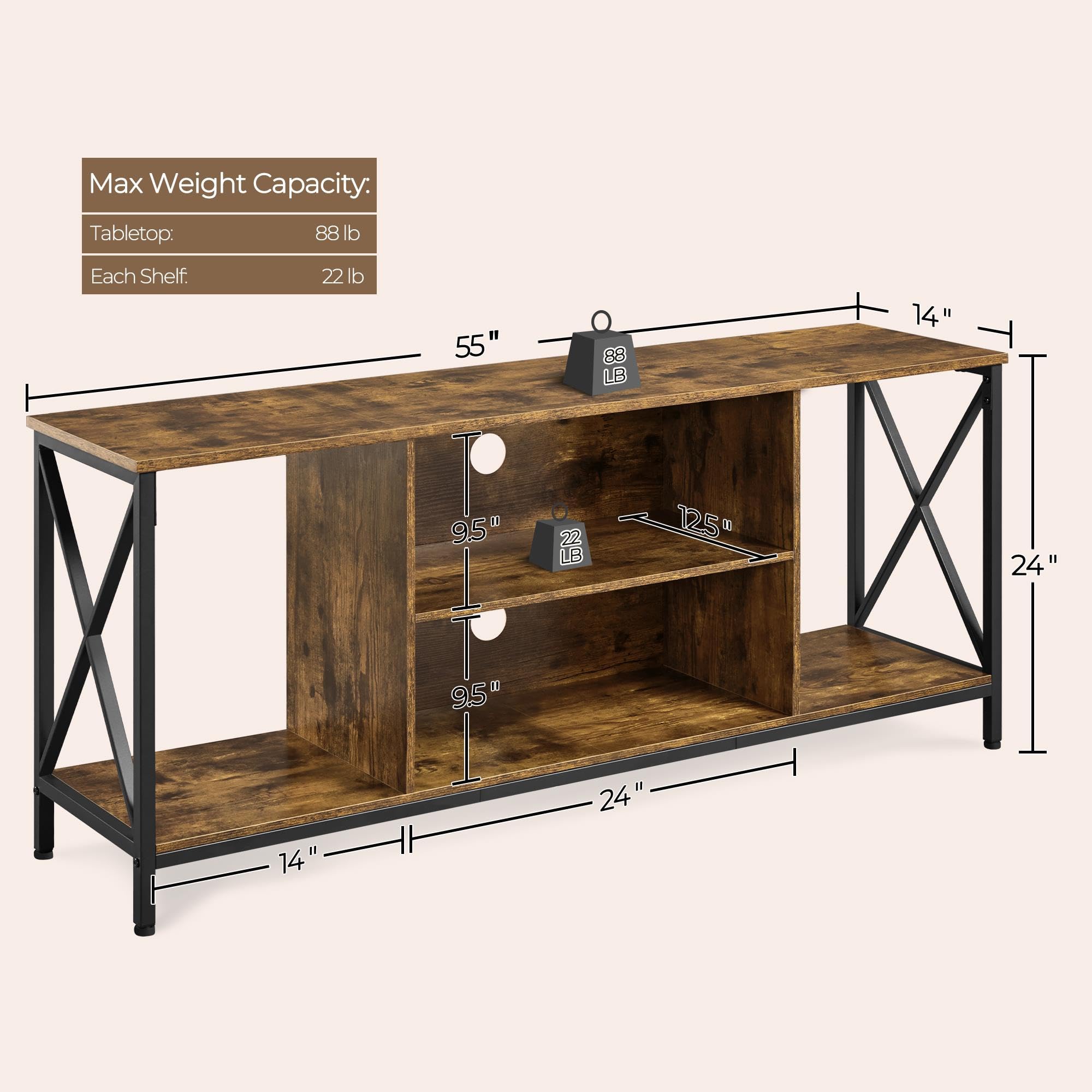 Yaheetech Industrial TV Stand for 55 Inch TV, Entertainment Center Media Console Table with Open Storage for Living Room, Wood Modern Furniture, Gray