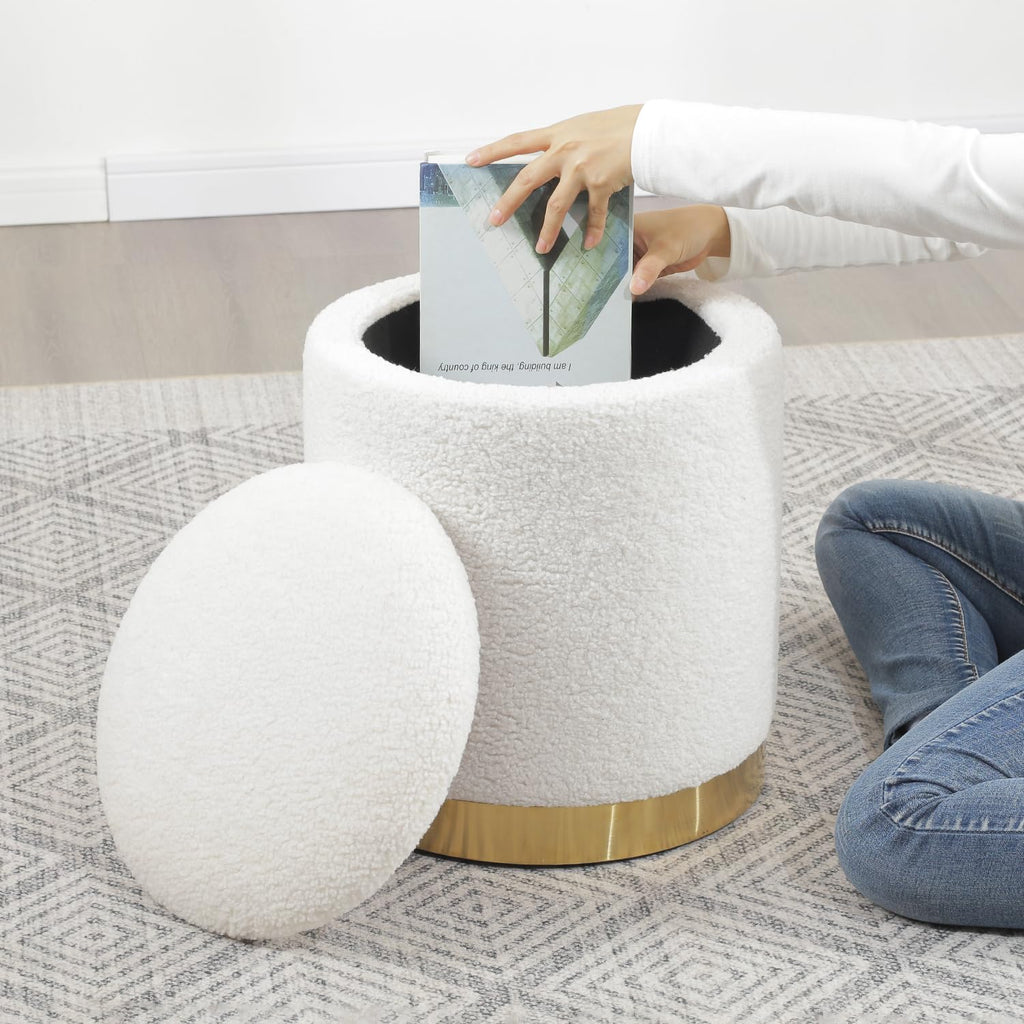 Joveco Boucle Round Ottoman with Storage,Vanity Stool with Storage for Bedroom, Ottoman Coffee Table,Small Boucle Foot Stool for Living Room, Black with Gold Plating