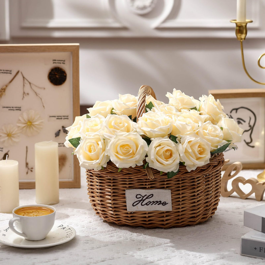 Jexine 100 Pieces Artificial Roses Flowers Bulk, Long Stem Realistic Fake Silk Roses Bouquet for Table Centerpiece Vases Wedding Party Kitchen Decor(Beige)