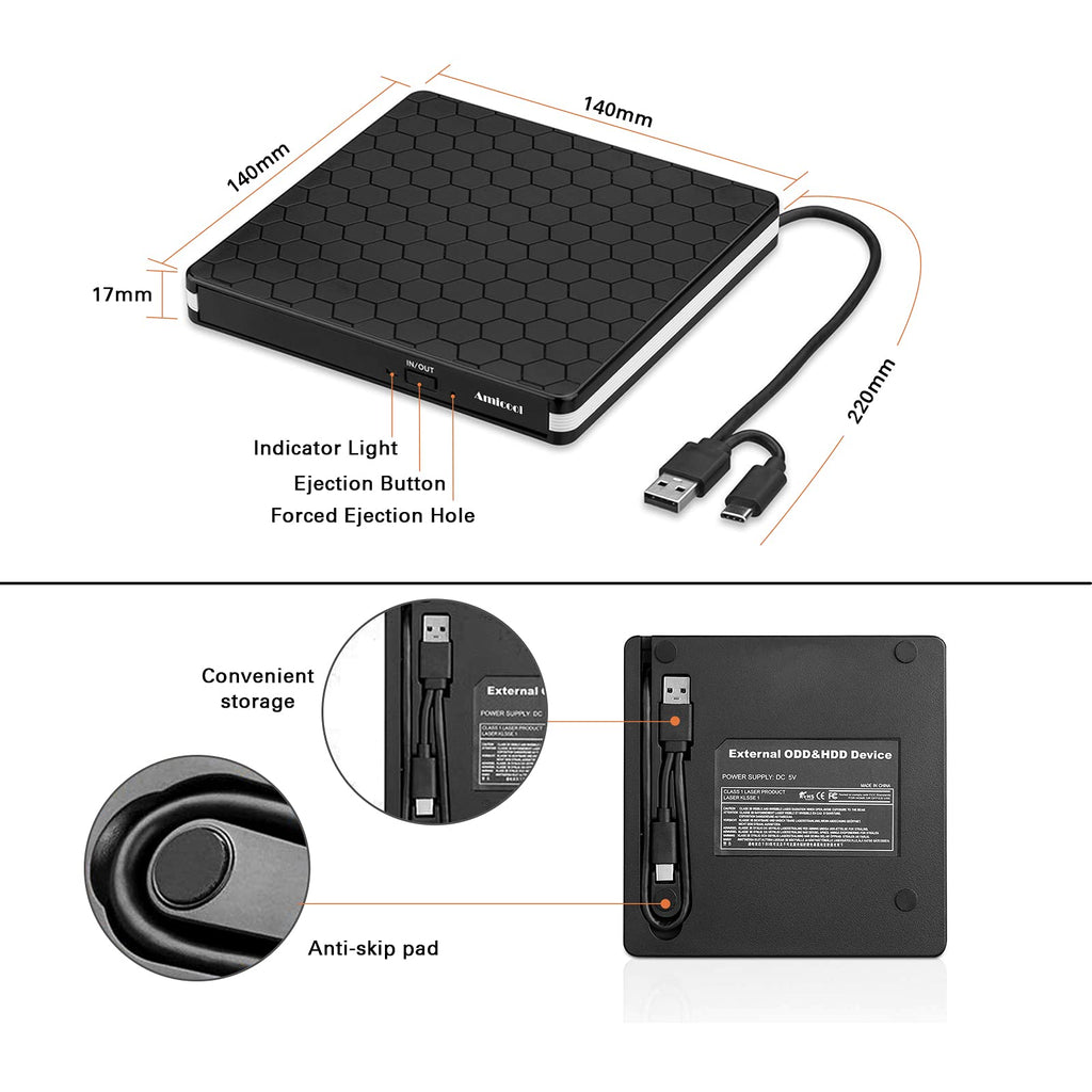 Amicool External USB-C USB 3.0 CD/DVD Drive Burner +/-RW, Ultra-Slim Portable DVD Player Writer Reader for Mac iMac MacBook, Windows 11/10/8 Linux, Laptop Desktop PC Computer Optical Drive