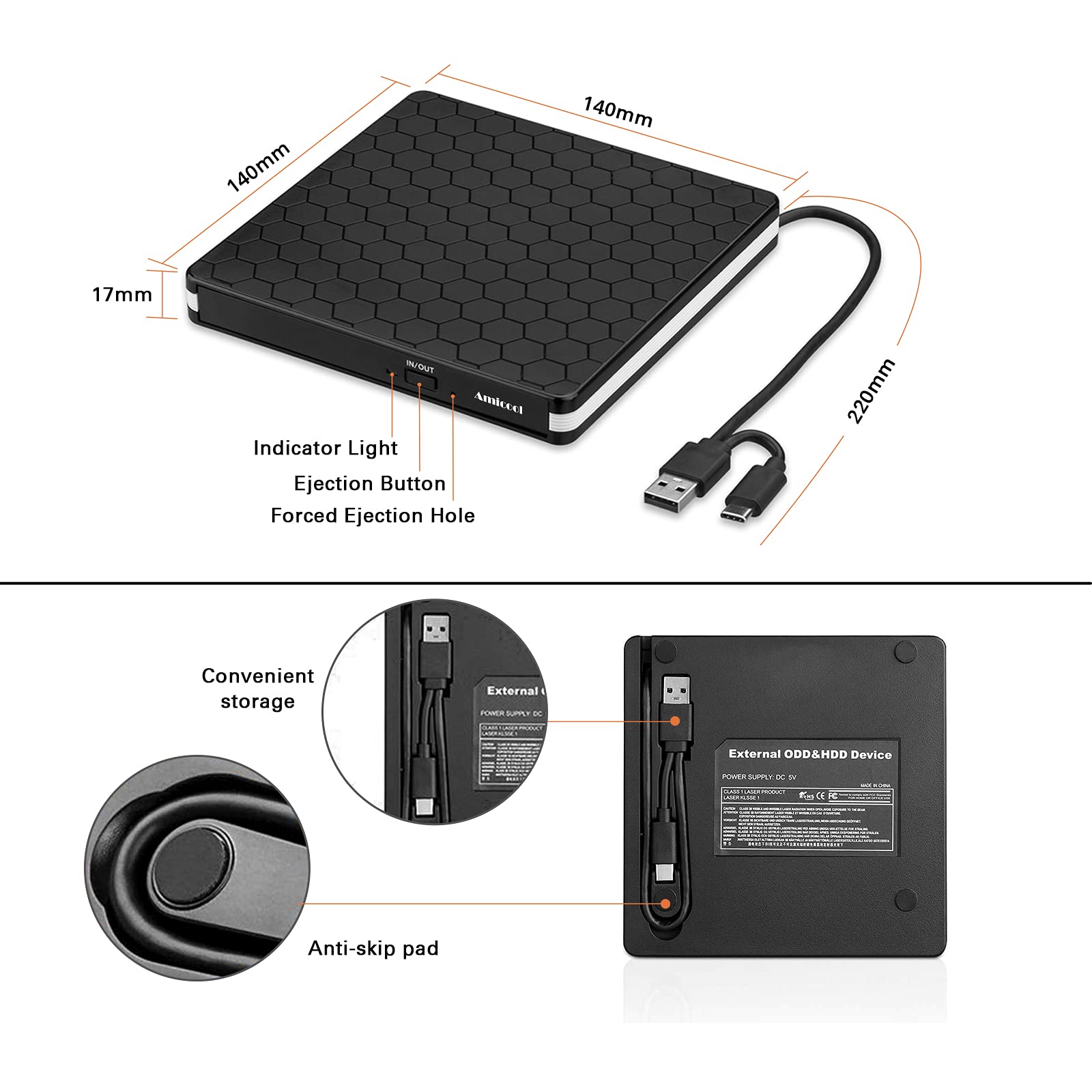 Amicool External USB-C USB 3.0 CD/DVD Drive Burner +/-RW, Ultra-Slim Portable DVD Player Writer Reader for Mac iMac MacBook, Windows 11/10/8 Linux, Laptop Desktop PC Computer Optical Drive