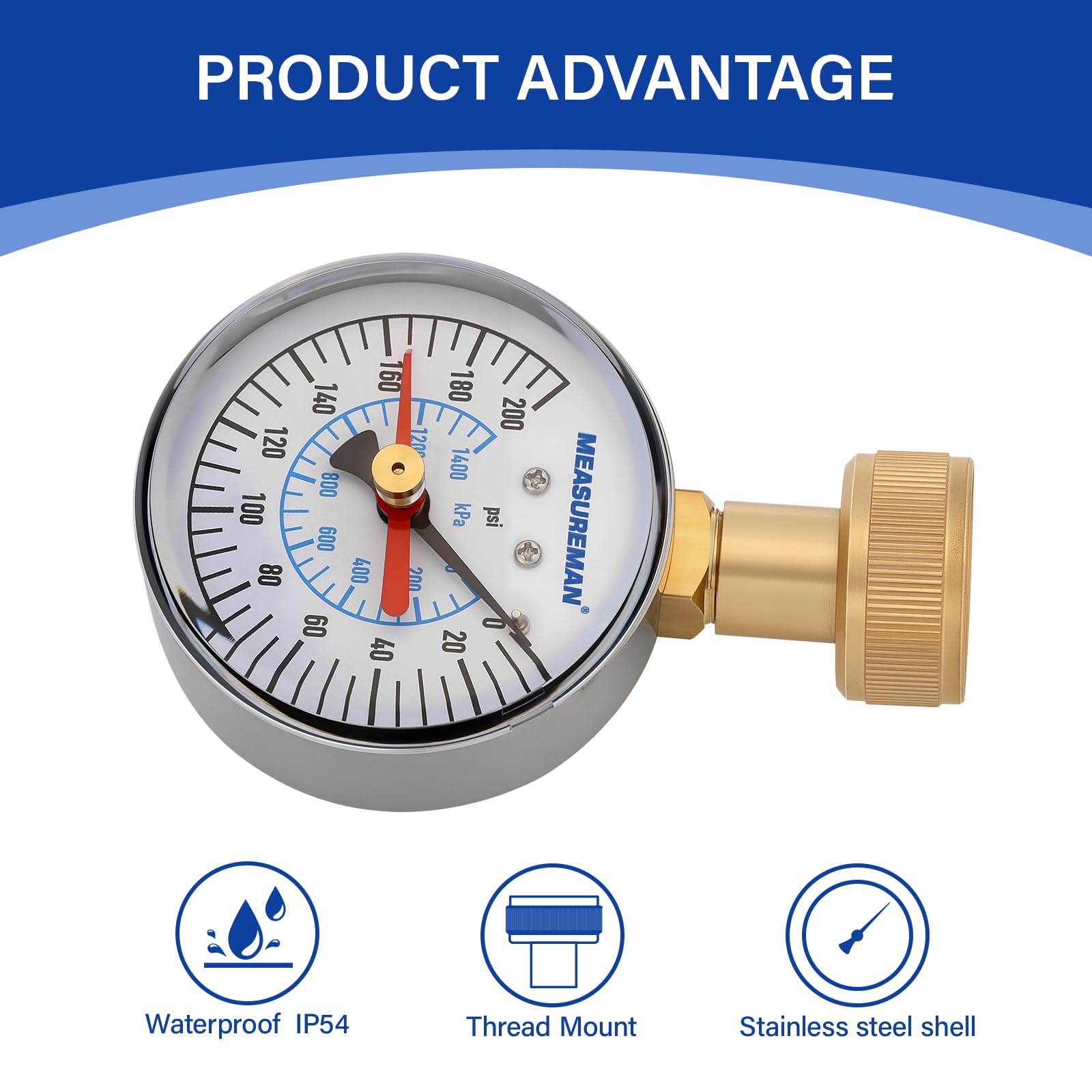 MEASUREMAN 2" Water Pressure Test Gauge, 3/4" Female Hose Thread, 0-200 psi/kpa with Maximum Pressure Memory (Pack of 2)