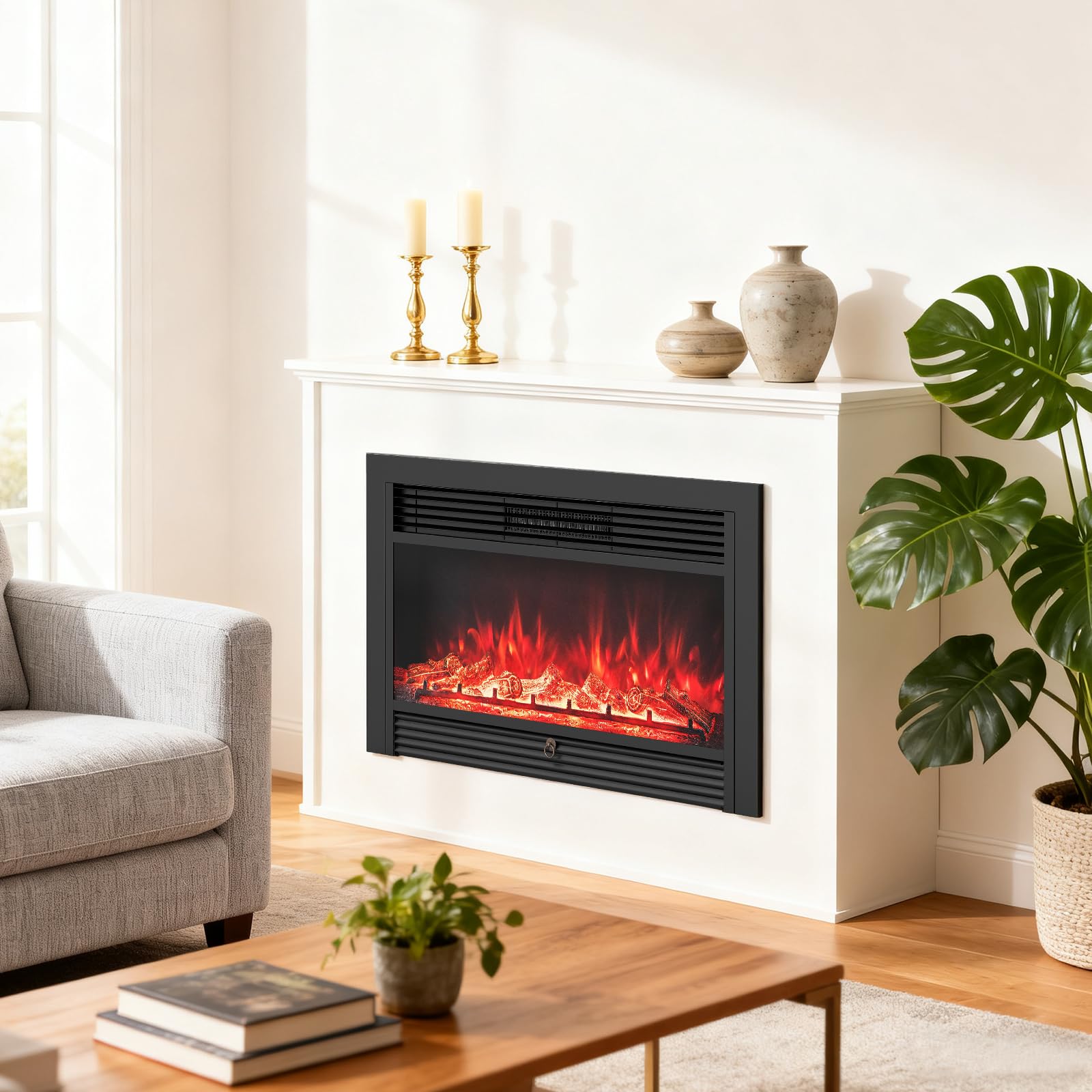 Giantex 18" Electric Fireplace Insert Heater, Wall Recessed/Mounted Fire Places Electric Fireplace with Remote, 2 Modes Heat, 9H Timer, 5 Brightness, 750/1500W Freestanding Fireplace