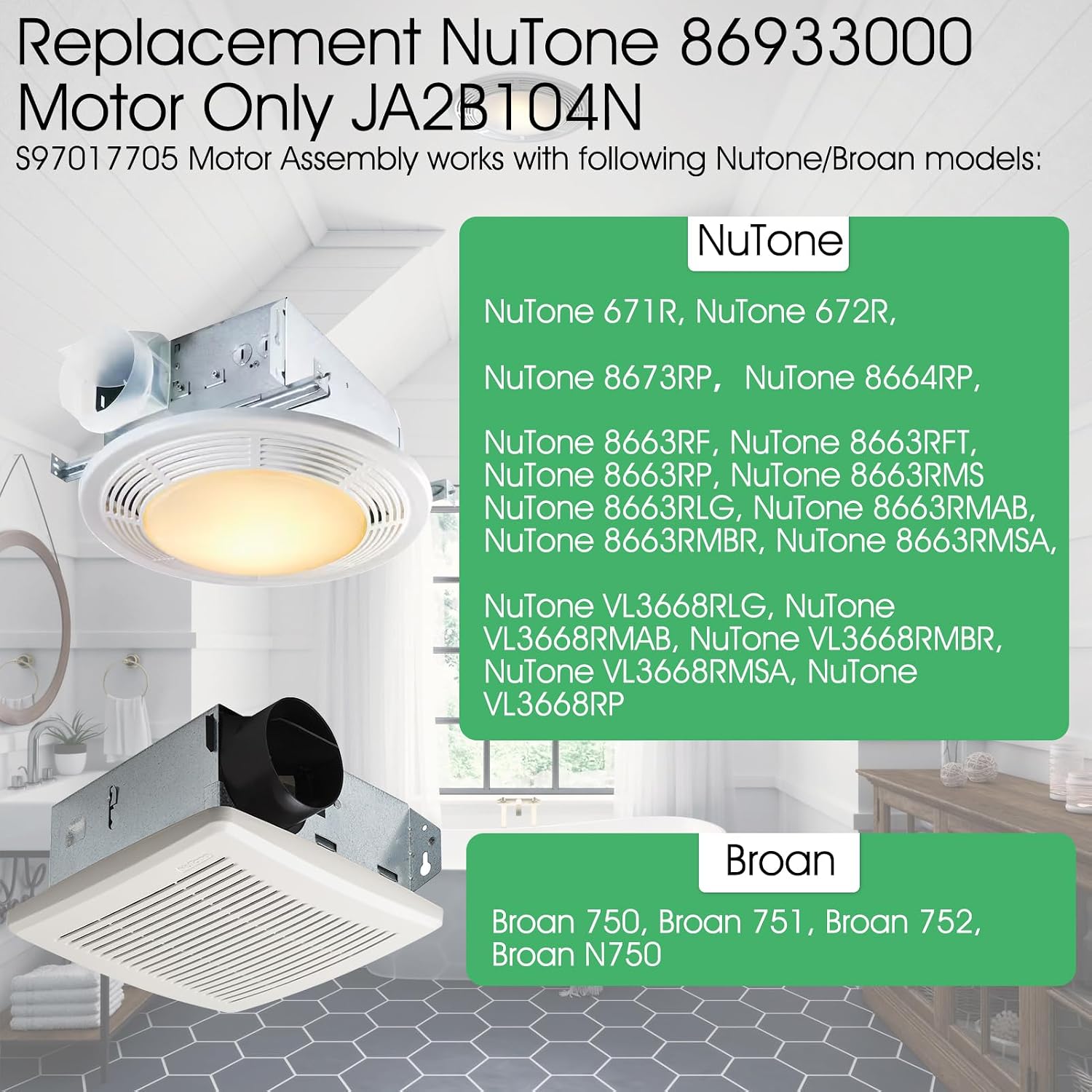 8663RP B Unit for NuTone,8664RP B Unit for NuTone 8663RP,Motor Assembly 97017705 Replacement Fan Motor for 8664RP 671R 672R Broan 750 751 752,Replaces JA2B104N/86933000