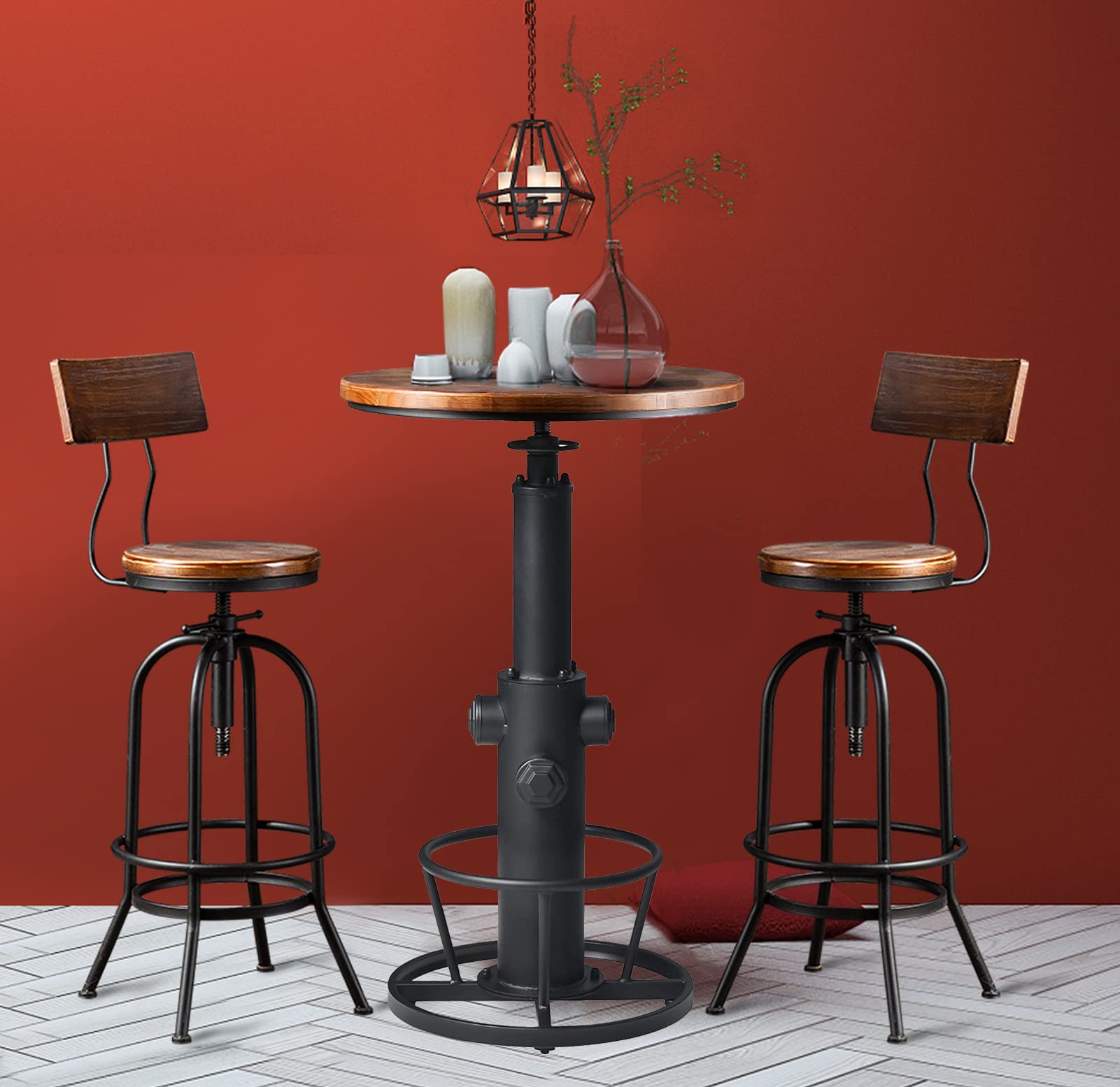 LOKKHAN Industrial Bar Table 38.6"-48.4" Height Adjustable Swivel Round Wood Tabletop 23.7" Dia, Kitchen Dining Office Coffee Bistro Pub Table (Aged Blue)