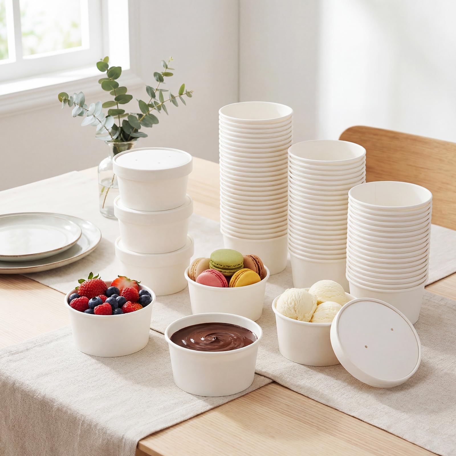 Fulmoon 100 Pack Paper Soup Containers with Lids Disposable Paper Food Containers with Vented Lid Kraft Ice Cream Cake Dessert Cups Soup Bowl for Party Hot Food Fruit Microwave(4 oz,Brown)