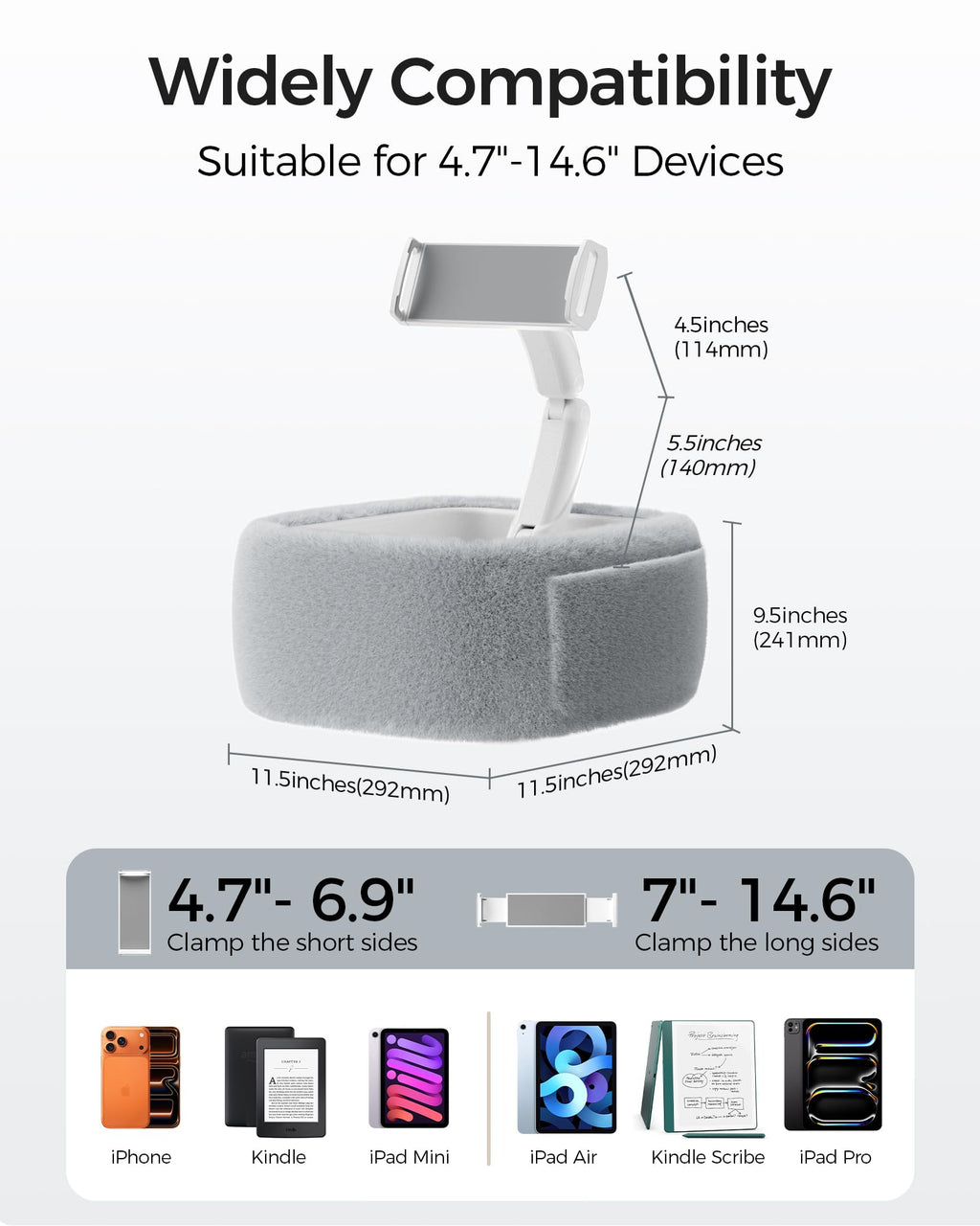 LULULOOK Tablet Pillow Stand, Compatible with iPad, iPhone and 4.7-14.6”Tablet, 360° Adjustable Kindle Pillow Stand for Bed with Ultra Fluffy Fabric & Snack Bowl (Cloudy White)