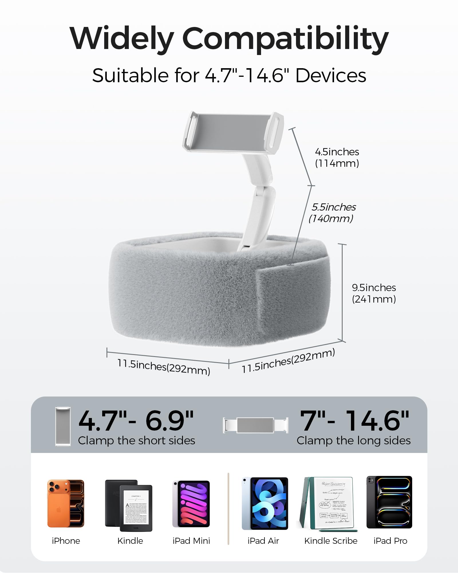 LULULOOK Tablet Pillow Stand, Compatible with iPad, iPhone and 4.7-14.6”Tablet, 360° Adjustable Kindle Pillow Stand for Bed with Ultra Fluffy Fabric & Snack Bowl (Cloudy White)