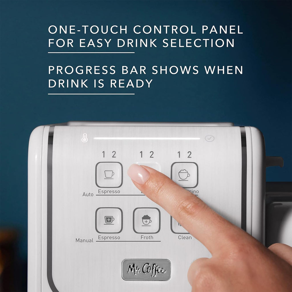 Mr. Coffee One-Touch CoffeeHouse+ Espresso, Cappuccino, and Latte Maker Home Coffee Machine with 19-Bar Italian Pump, and Milk Frother Ideal for Latte, Espresso, and Coffee Lovers