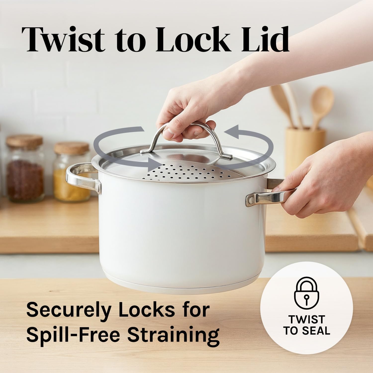 Cooler Concepts Pasta Pot with Strainer Lid - 5.5 Quart Large Spaghetti Pot - Twist & Lock for Easy Drain & No Colander Or Strainer Basket Insert Needed - Dishwasher Safe Pots