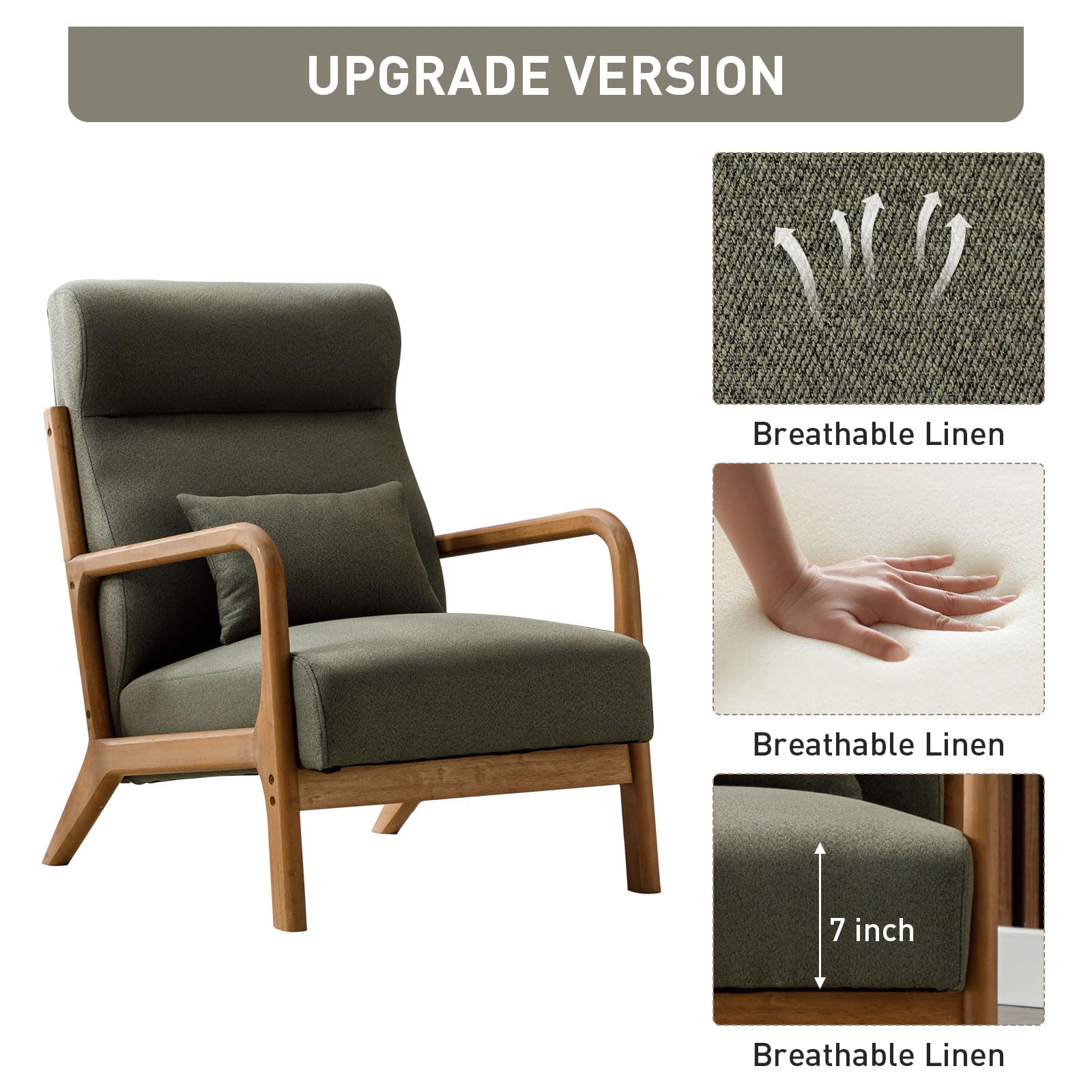 ANJ Mid Century Modern Accent Chair, Comfy Fabric Living Room Chairs with Solid Wood Frame, Lounge Reading Armchair, Easy Assembly, Beige