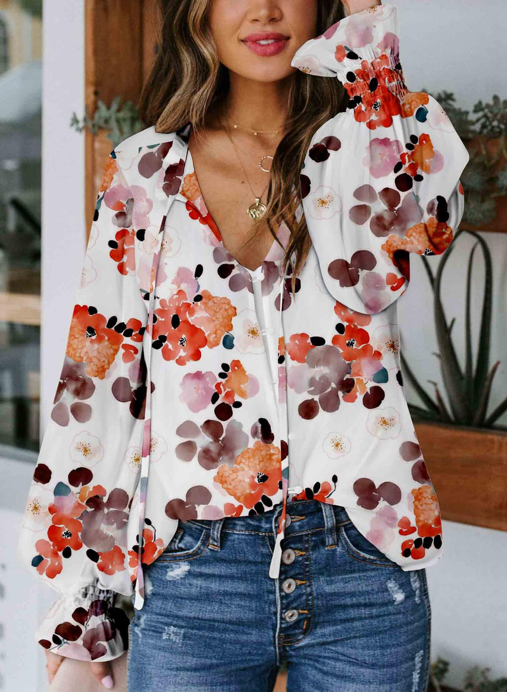 Biucly Women's Casual Boho Floral Print V Neck Long Sleeve Drawstring Tops Loose Blouses Button Down Shirts