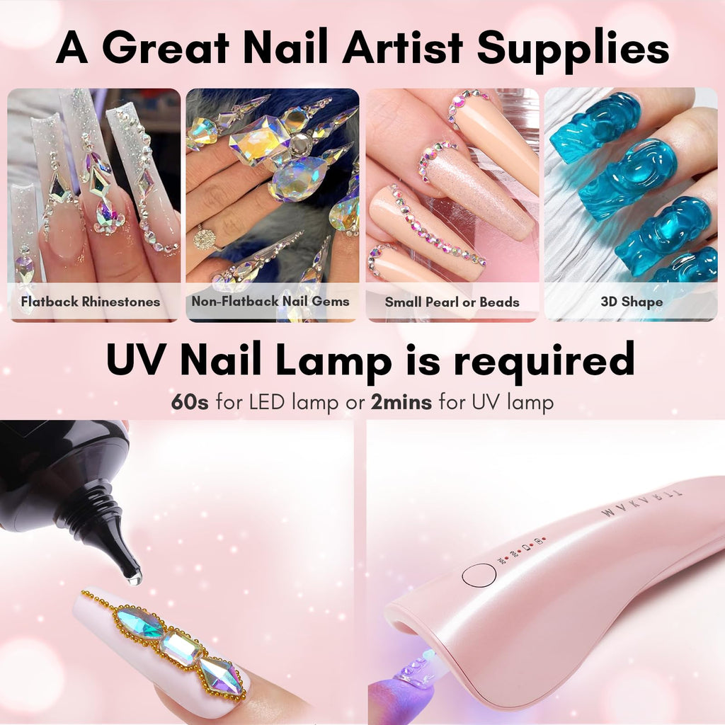 Makartt Rhinestone Glue for Nails: Super Strong Gel Nail Glue for Nail Charms Gems Decorations, 3D Gel Nail Art Bling Jewel Diamonds for Salon & DIY Manicure, 30ML UV Lamp Cured Need Beauty Gifts