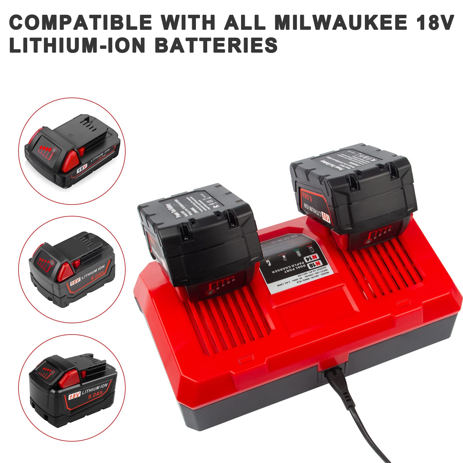 Dual Battery Charger for Mil MK-18 6A Rapid Charger Replacement to Charge 14.4V-18V XC Battery 48-59-1890 48-59-1812 48-11-1850 48-11-1820 48-11-1835 48-59-1802