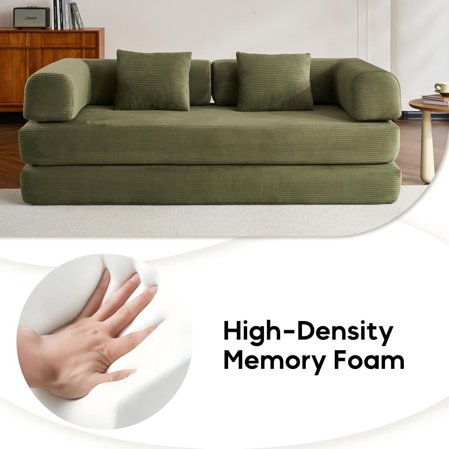 ZEIINPA 59“ Convertible Floor Sofa Bed, 5-in-1 Futon Sofa Bed Pull Out Sleeper Couch, Modern Corduroy Compressed Loveseat, Modular Boneless Couches for Living Room, No Assembly Required, Beige