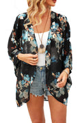 olrain Women's Floral Print Sheer Chiffon 3/4 Bat Sleeve Casual Loose Kimono Cardigan Capes